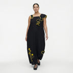 Damen Kleid schwarz-gelb LUANI Avantgarde Maxikleid aus Baumwolle, gelbe Details, EU 40 bis 48