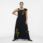 Damen Kleid schwarz-gelb LUANI Avantgarde Maxikleid aus Baumwolle, gelbe Details, EU 40 bis 48