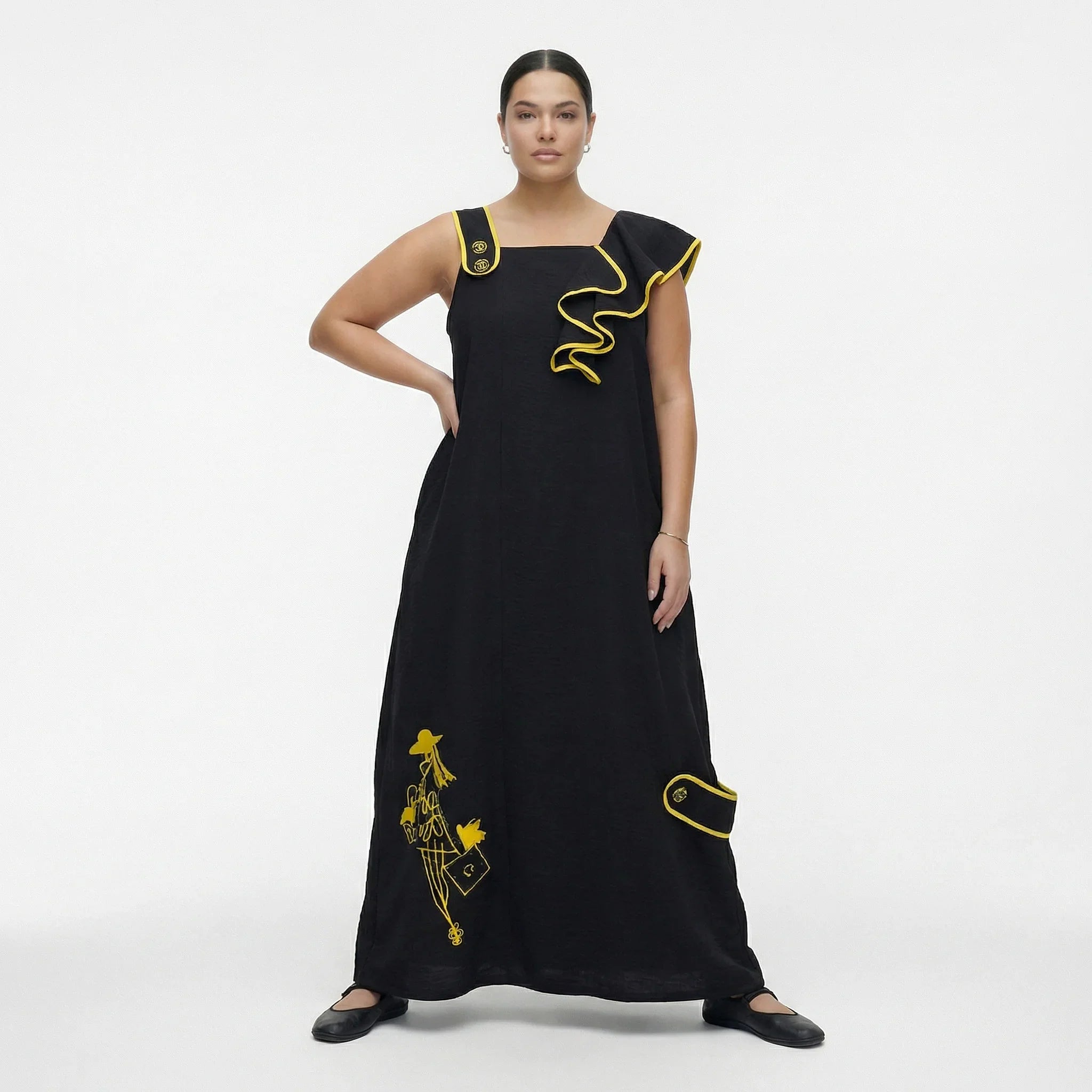 Damen Kleid schwarz-gelb LUANI Avantgarde Maxikleid aus Baumwolle, gelbe Details, EU 40 bis 48