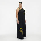 Damen Kleid schwarz-gelb LUANI Avantgarde Maxikleid aus Baumwolle, gelbe Details, EU 40 bis 48