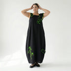 Damen Kleid schwarz-grün LUANI Avantgarde Maxikleid Baumwolle mit Stickerei, EU 40 bis 48