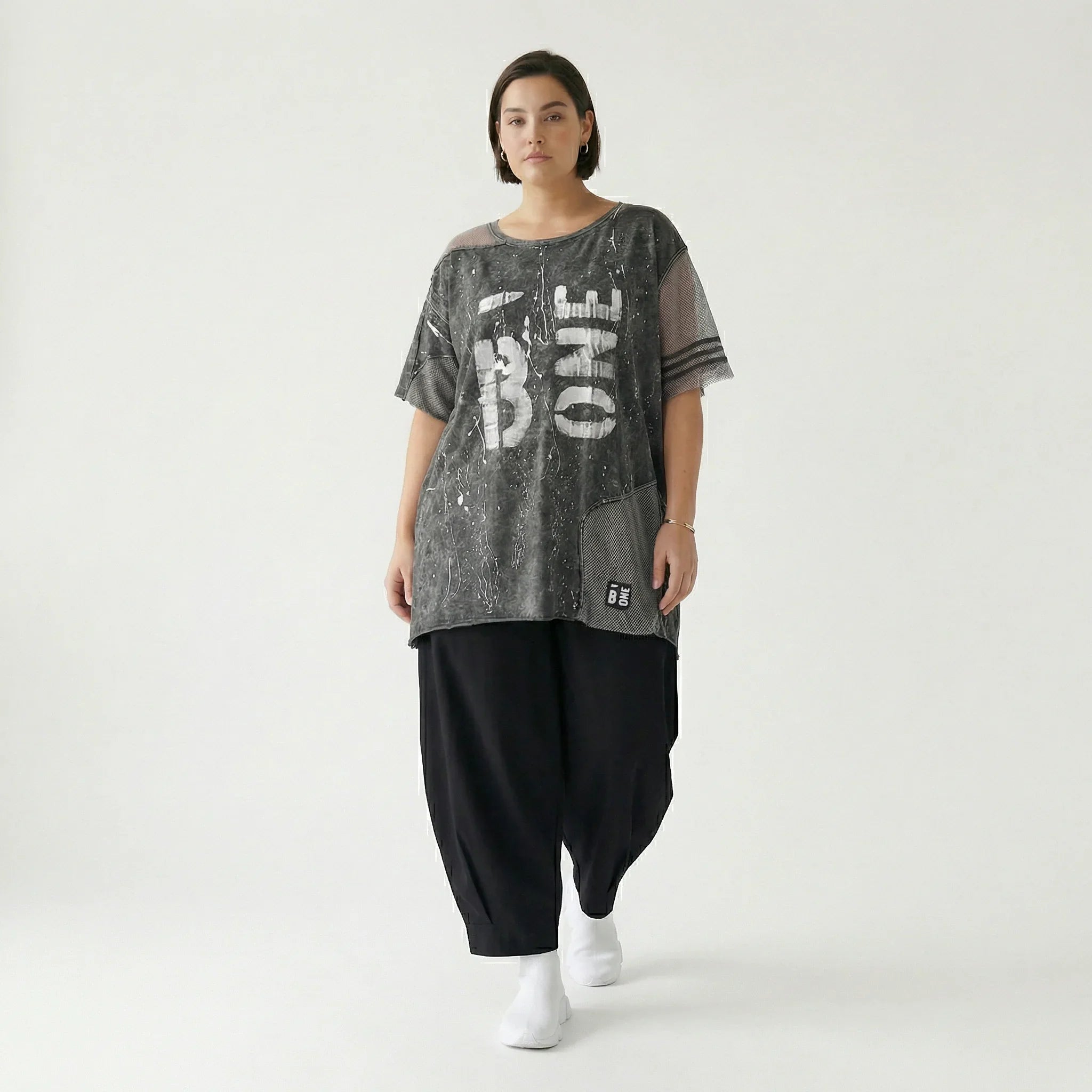 Tunika Damen Oversize B-ONE Grau Schwarz Print Mesh Jersey luftig stretch EU 38 bis 48 Lagenlook