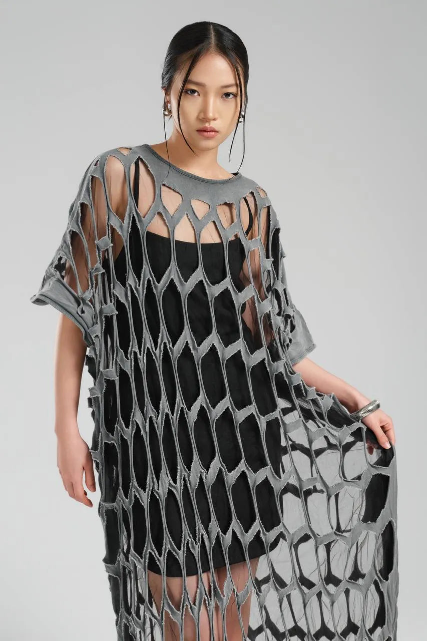  TW3 Kleid in gerader Form, aus Baumwolle, 1539, Grau, Ausgefallen, Zeitlos, Schick