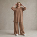 Palazzo Hose mit weitem Bein und ausgefallenem Jacquard Waffelmuster für lässigen Lagenlook, Cognac