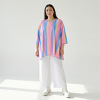 A-Form Shirt in pinkblauorange aus Viskosebaumwolljersey mit Rundhals und Dreiviertelarm