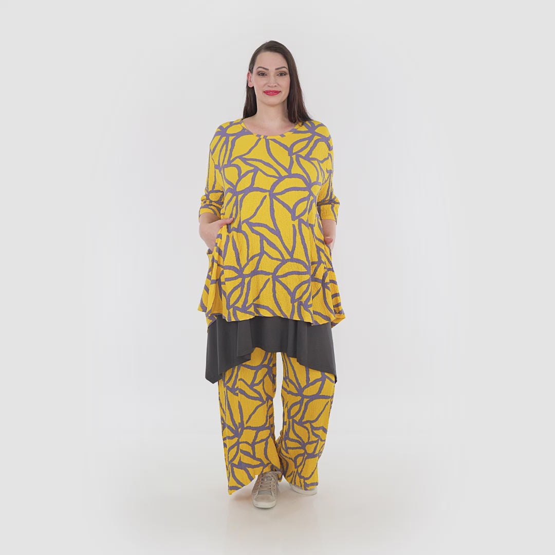 AKH Fashion Shirt in Glocken-Form, aus Viskose, 1317.01892, Gelb-Fliedergrau, Grafik