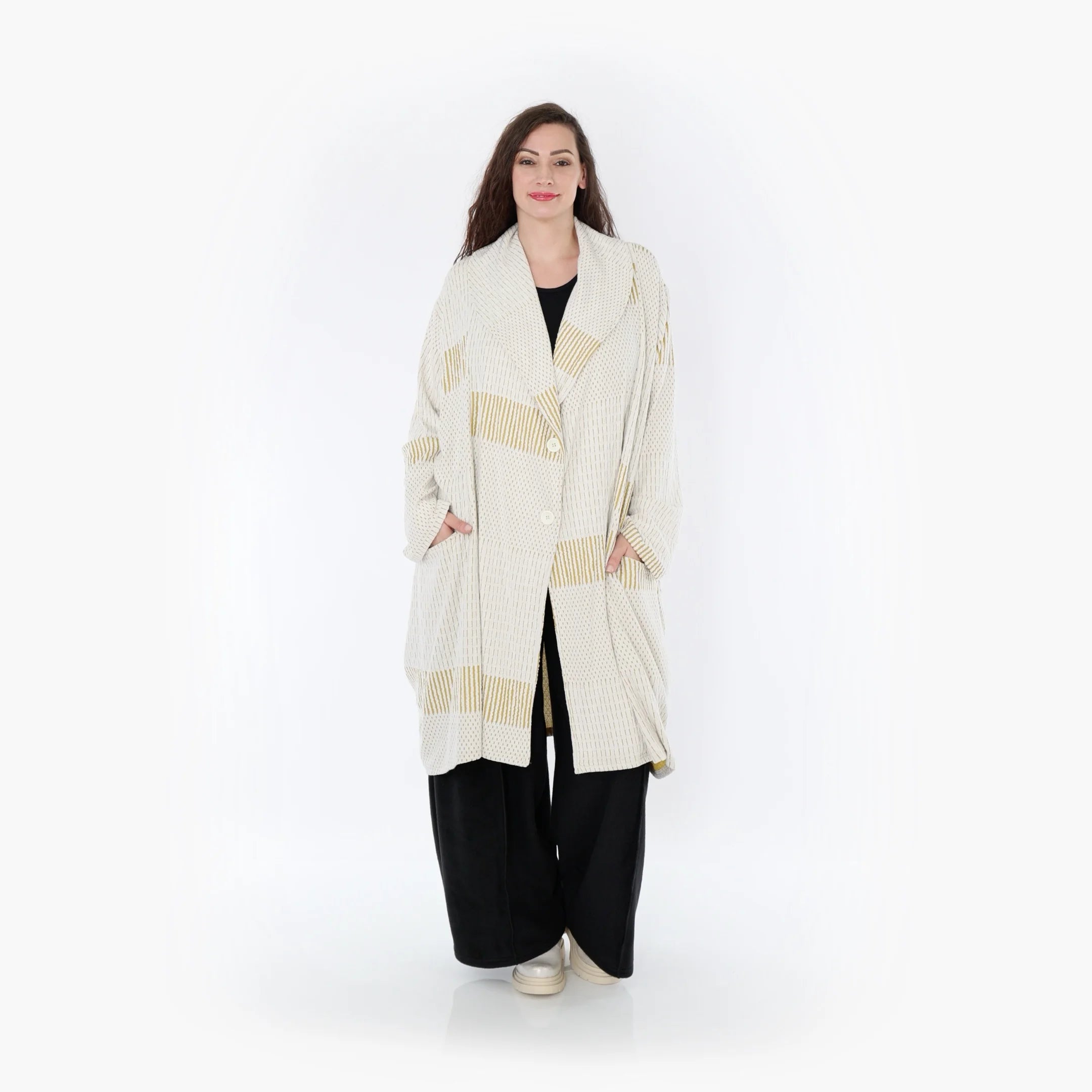 Ballonmantel von AKH Fashion aus Viskose, 1377.02494, Senf-Ecru, Gerippt, Schick, Modern