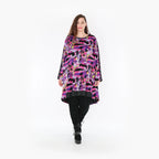 Fuchsia Jacquardshirt aus Viskose mit Rundhals Langarm grafischem Muster und Taschen