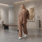 Palazzo Hose mit weitem Bein und ausgefallenem Jacquard Waffelmuster für lässigen Lagenlook, Cognac