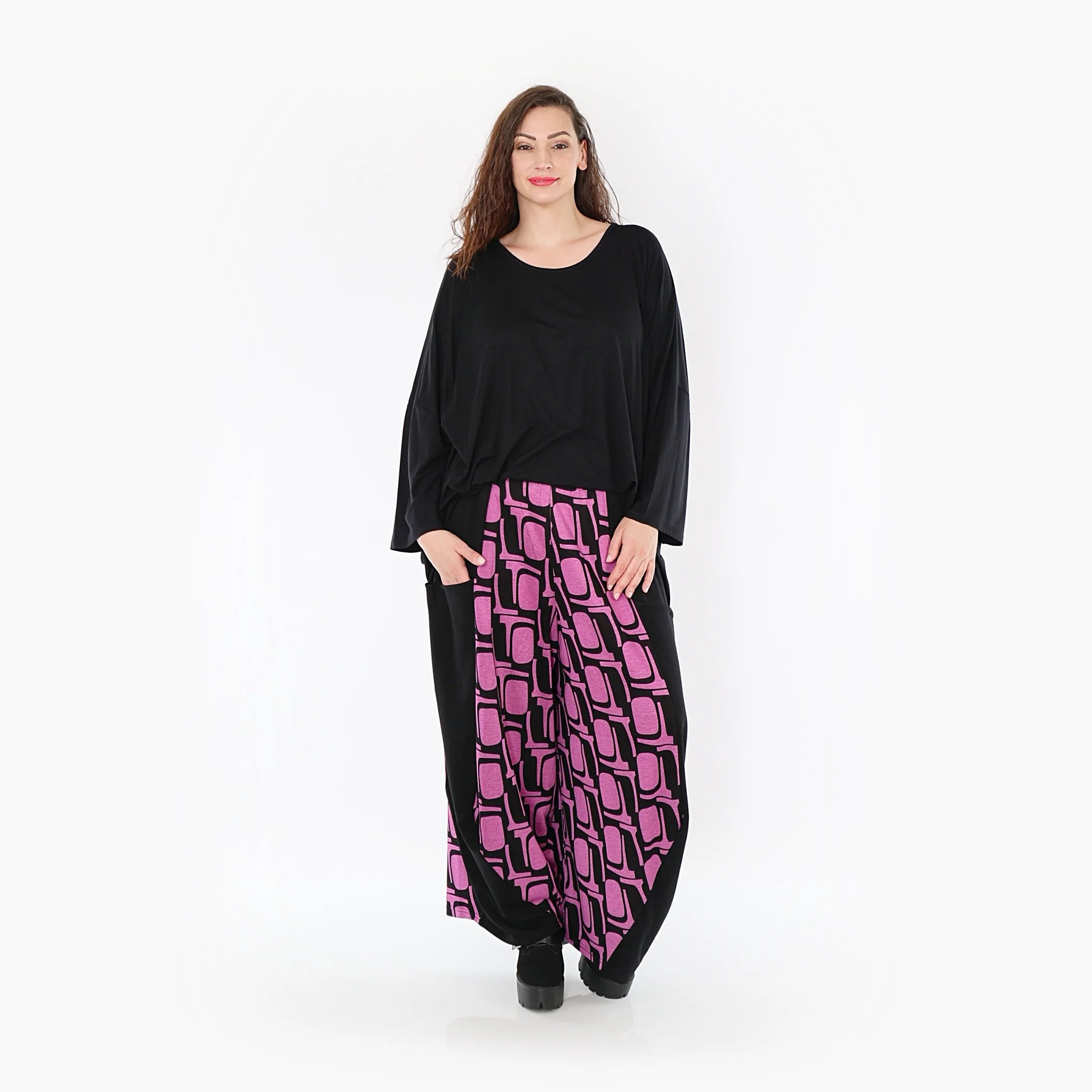 Ballonhose von AKH Fashion aus Viskose, 1374.08069, Schwarz-Fuchsia, Grafik, Schick