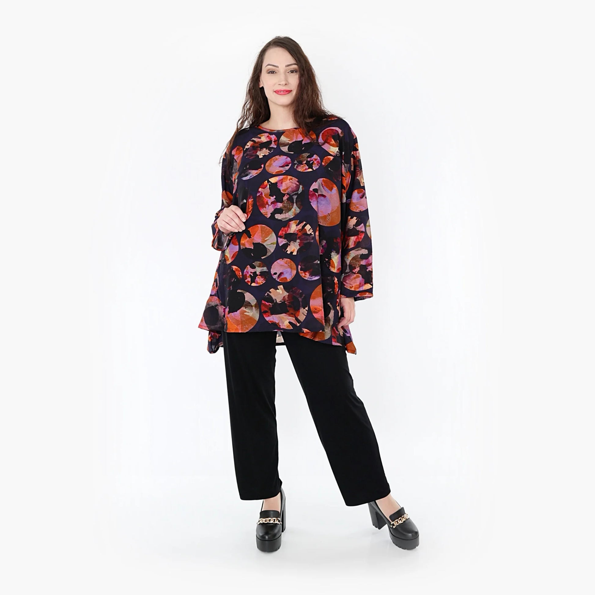 A-Form Bigshirt von AKH Fashion aus Viskose, 1335.00593, Lila-Mehrfarbig, Punkte, Ausgefallen