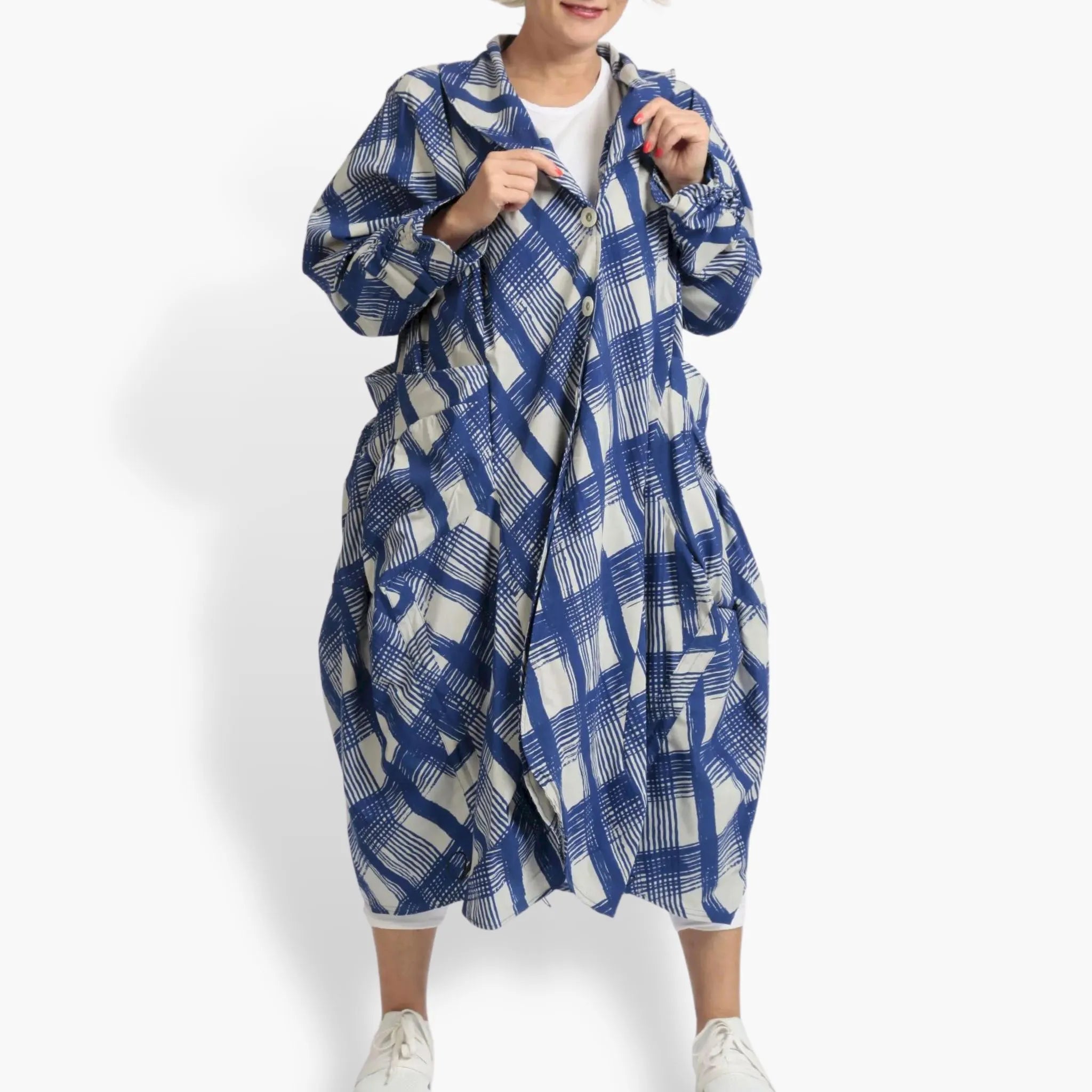  Geraffter Mantel von AKH Fashion aus Viskose, 1089.06583, Blau-Grau, Kariert, Schick