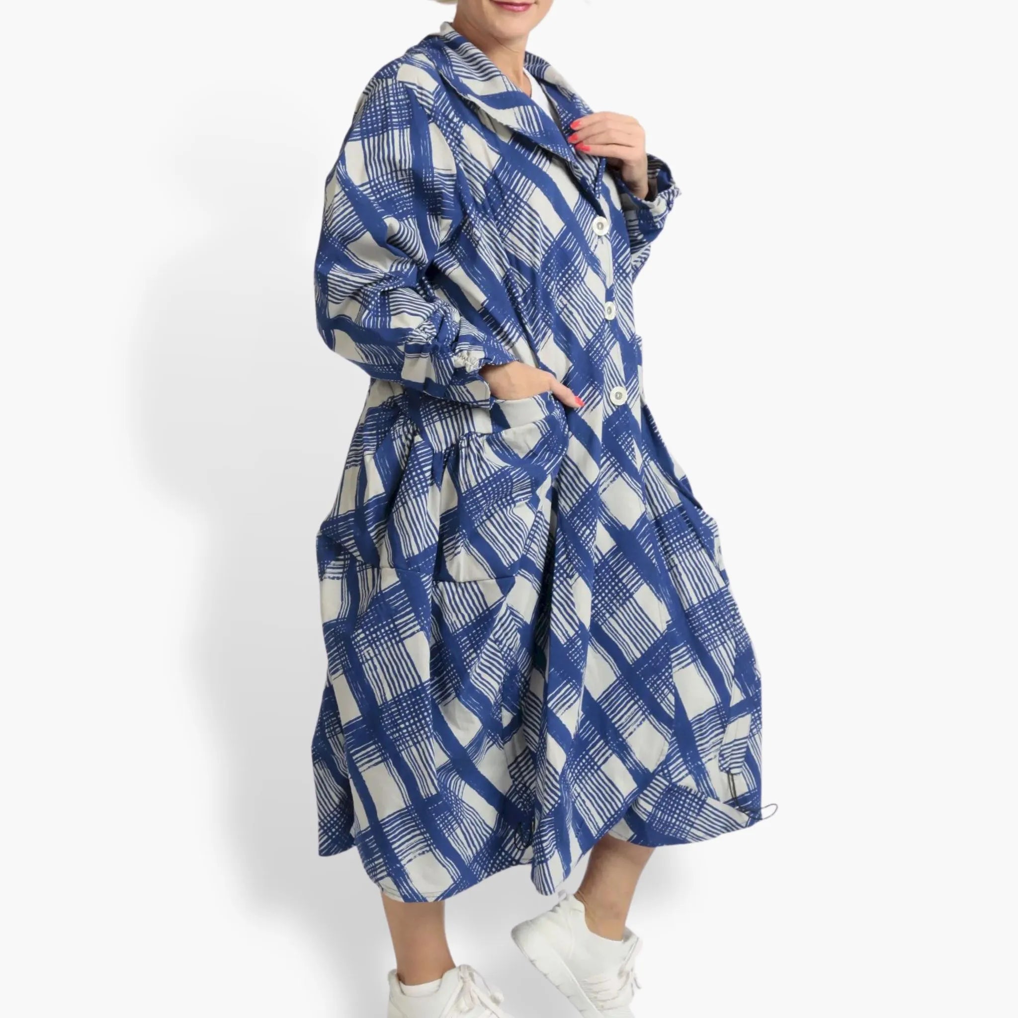  Geraffter Mantel von AKH Fashion aus Viskose, 1089.06583, Blau-Grau, Kariert, Schick