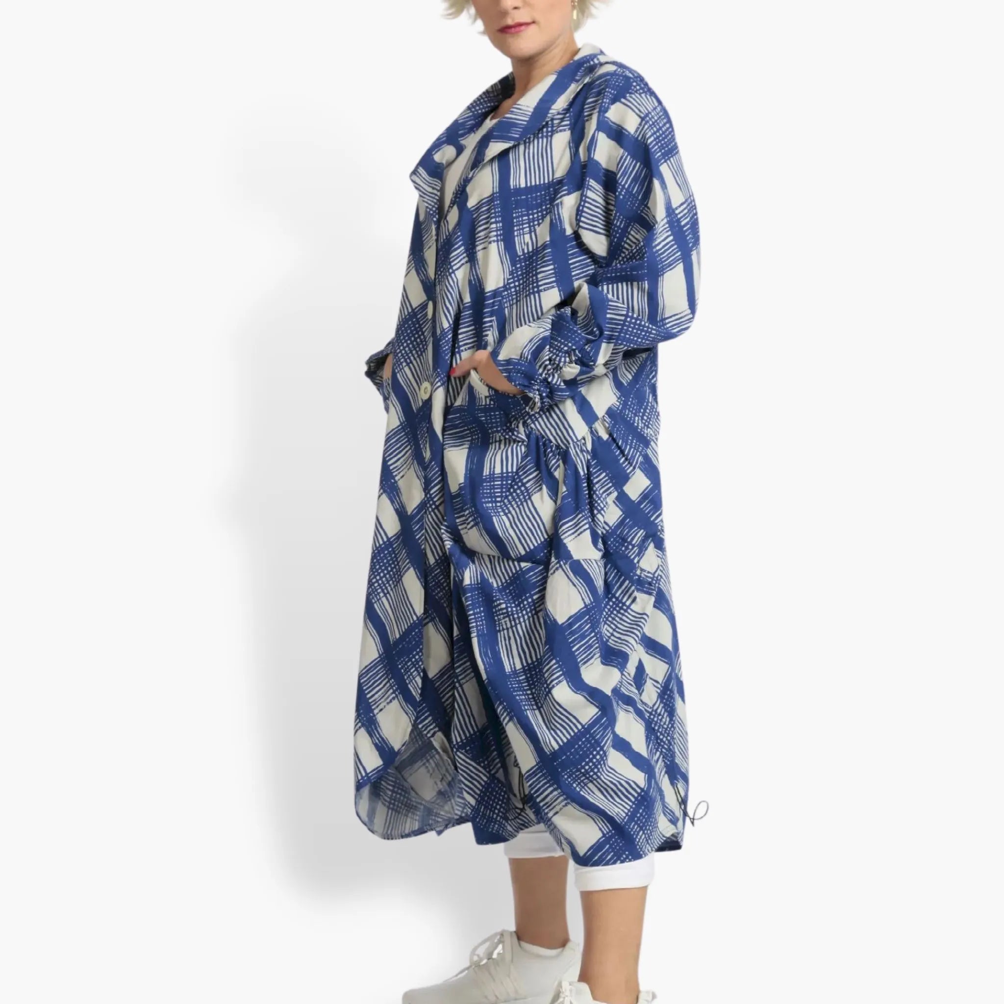  Geraffter Mantel von AKH Fashion aus Viskose, 1089.06583, Blau-Grau, Kariert, Schick