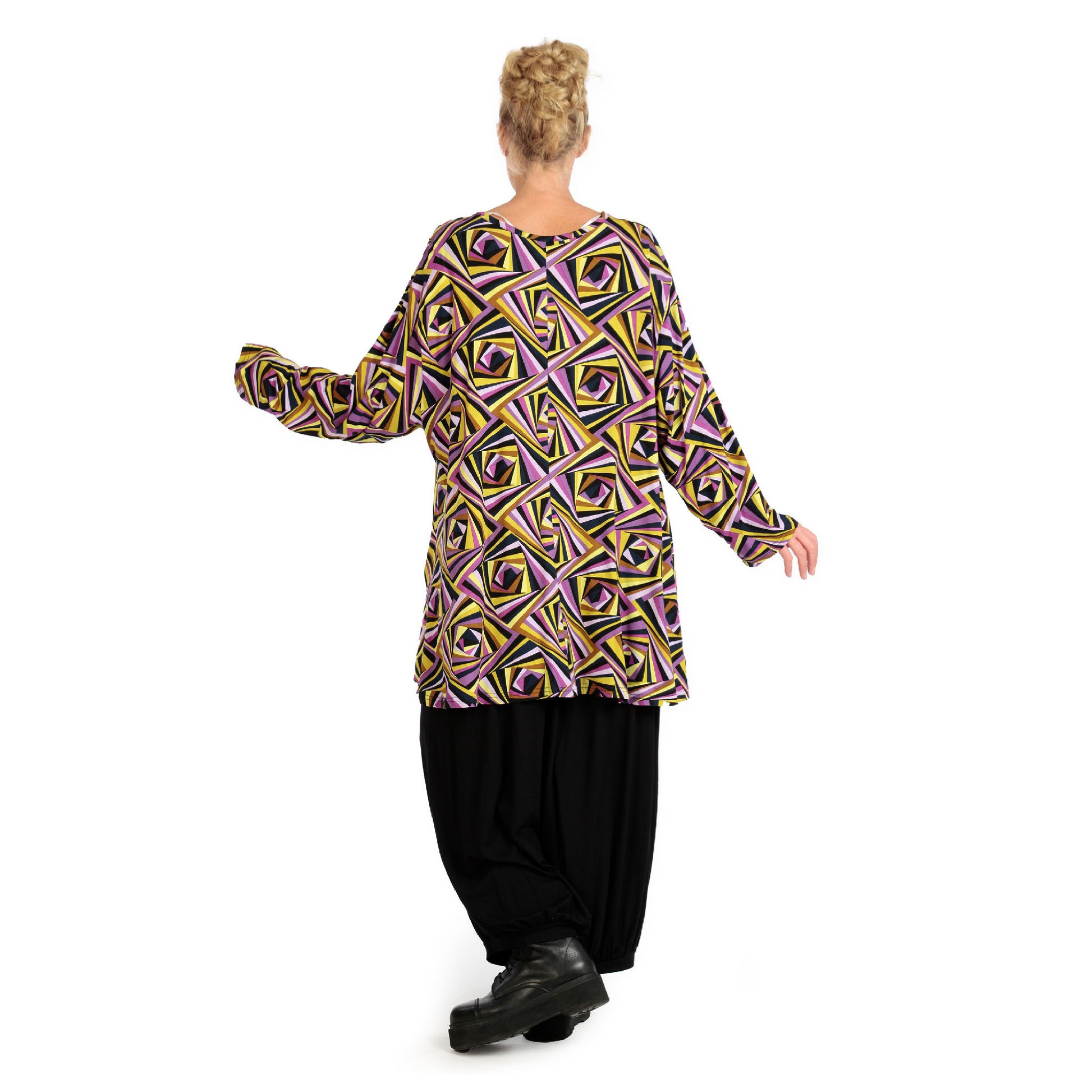  AKH Fashion Shirt in Glocken-Form, aus Viskose, 1123.01892, Lila-Gelb-Flieder, Grafik