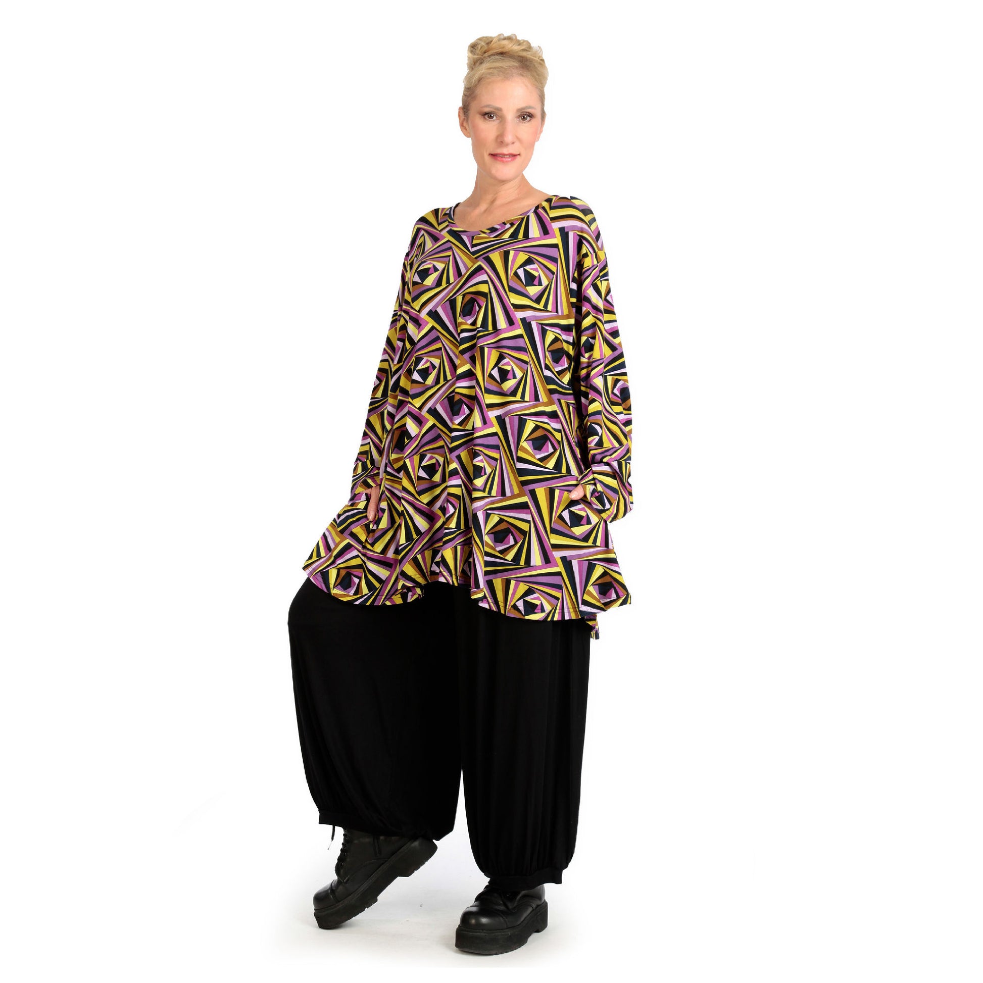  AKH Fashion Shirt in Glocken-Form, aus Viskose, 1123.01892, Lila-Gelb-Flieder, Grafik