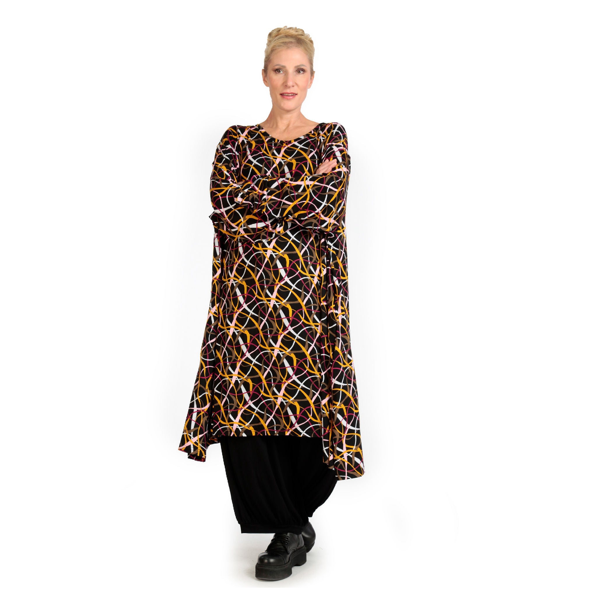  A-Form Kleid von AKH Fashion aus Viskose, 1127.06863, Schwarz-Gelb-Weiß, Pinselstrich