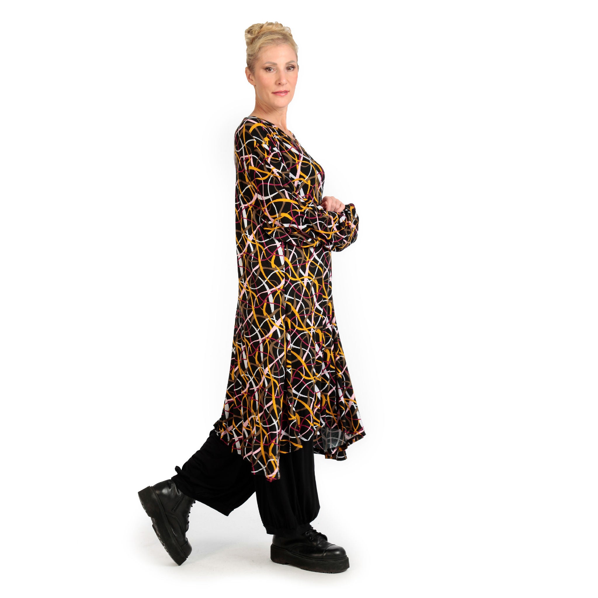  A-Form Kleid von AKH Fashion aus Viskose, 1127.06863, Schwarz-Gelb-Weiß, Pinselstrich