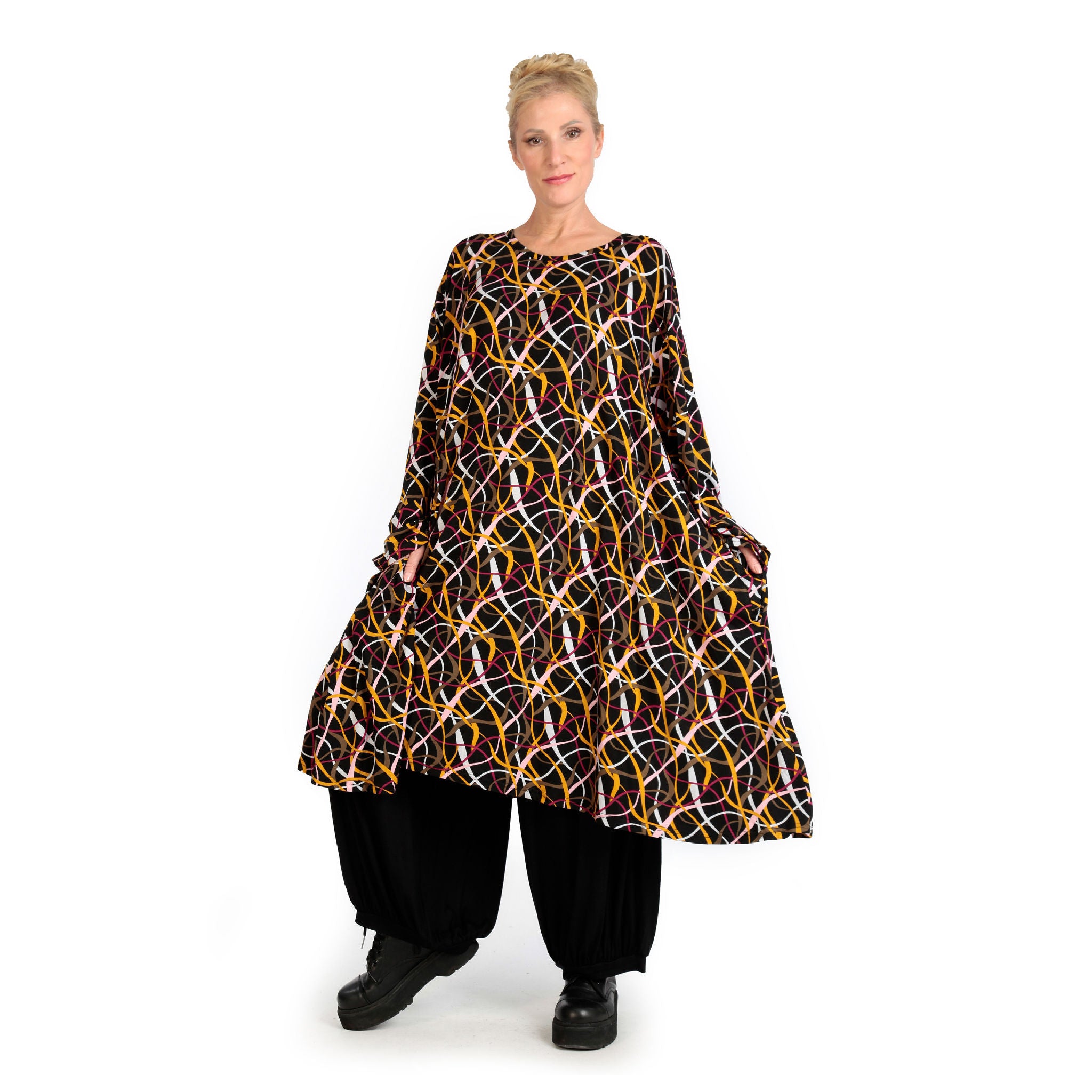  A-Form Kleid von AKH Fashion aus Viskose, 1127.06863, Schwarz-Gelb-Weiß, Pinselstrich
