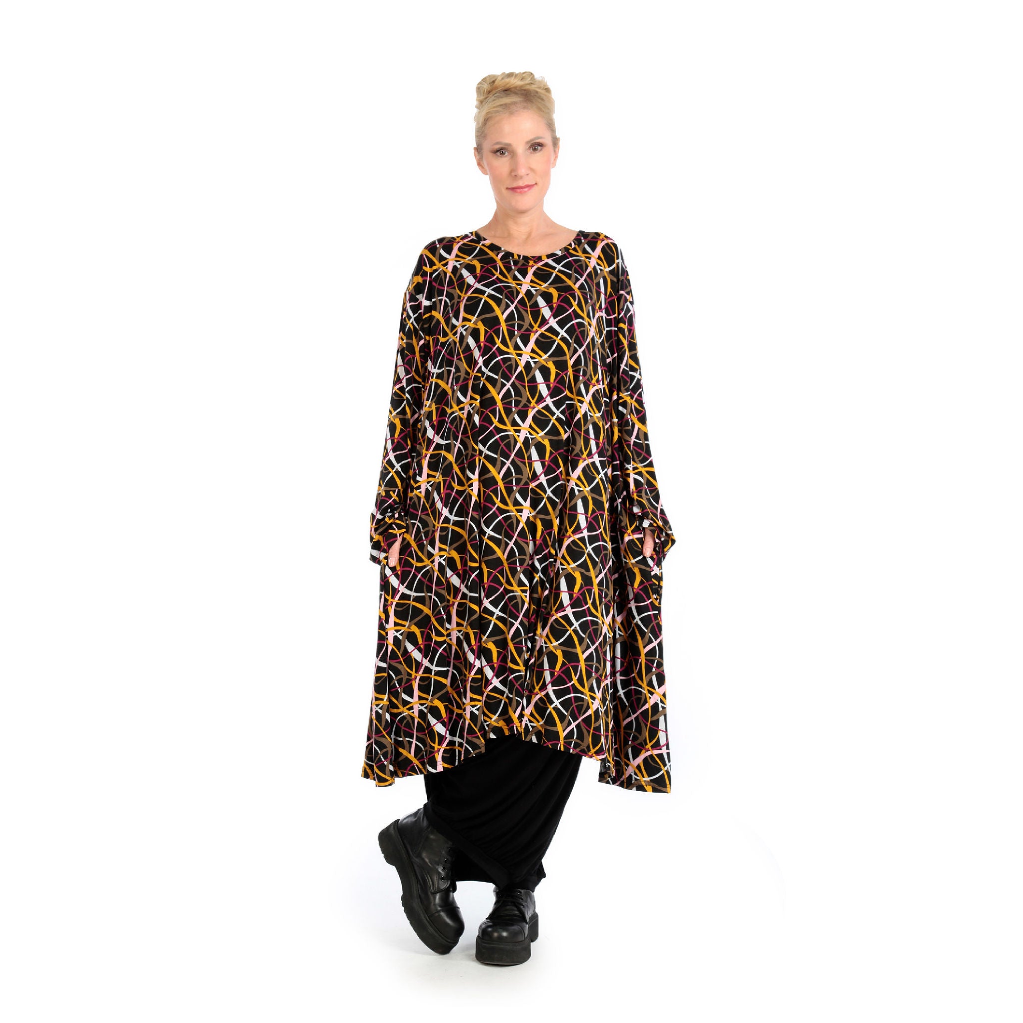  A-Form Kleid von AKH Fashion aus Viskose, 1127.06863, Schwarz-Gelb-Weiß, Pinselstrich