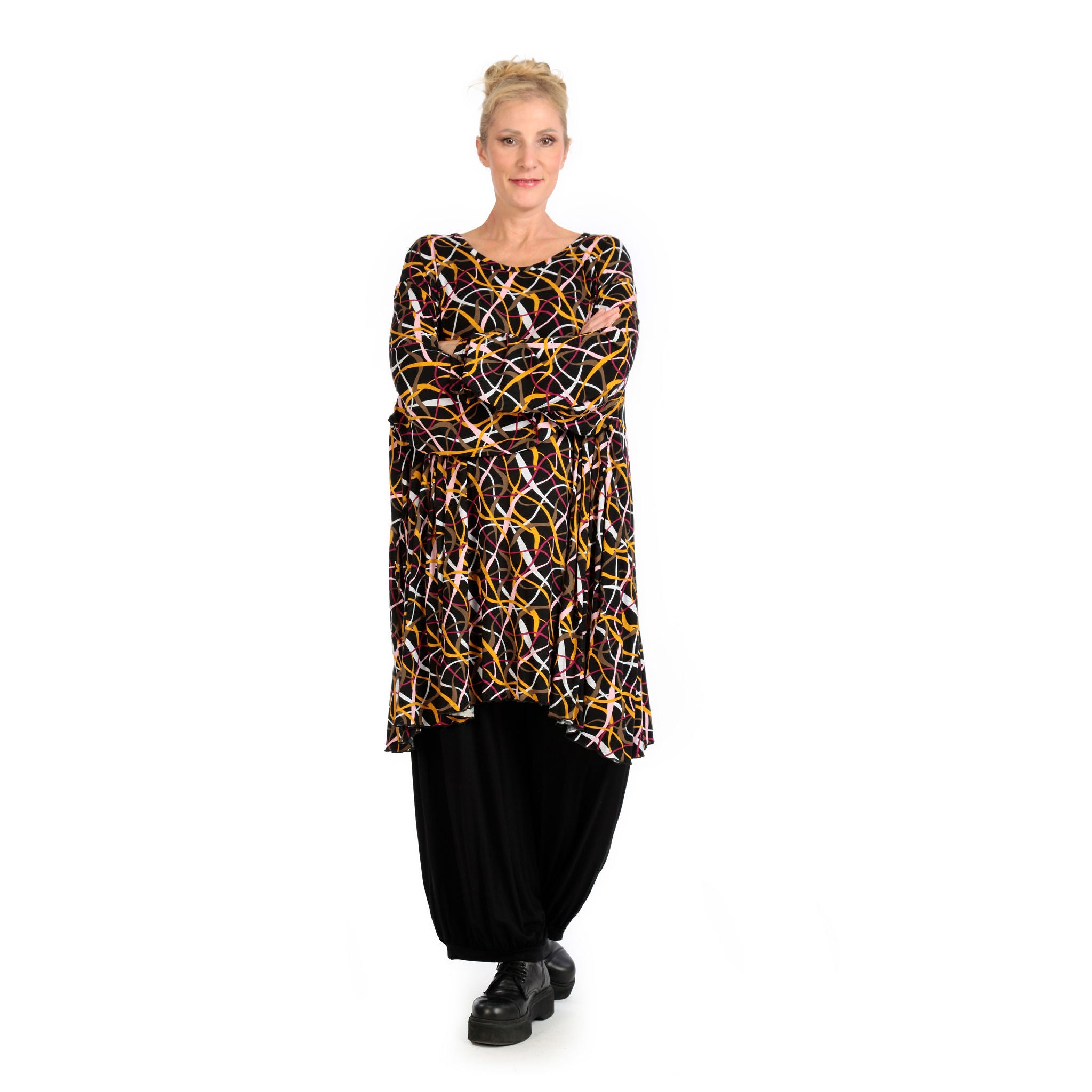  A-Form Bigshirt von AKH Fashion aus Viskose, 1127.06866, Schwarz-Gelb-Weiß, Pinselstrich