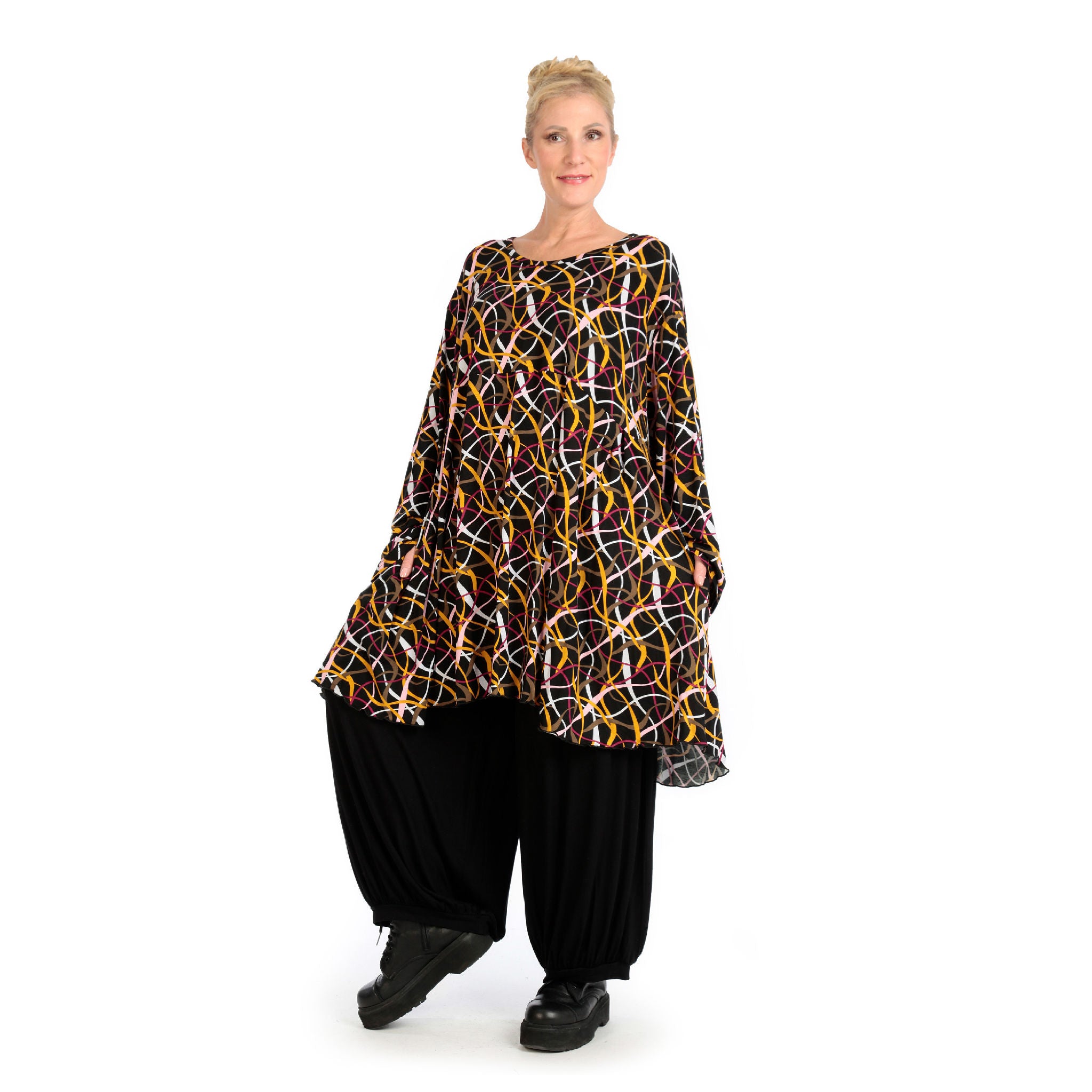  A-Form Bigshirt von AKH Fashion aus Viskose, 1127.06866, Schwarz-Gelb-Weiß, Pinselstrich