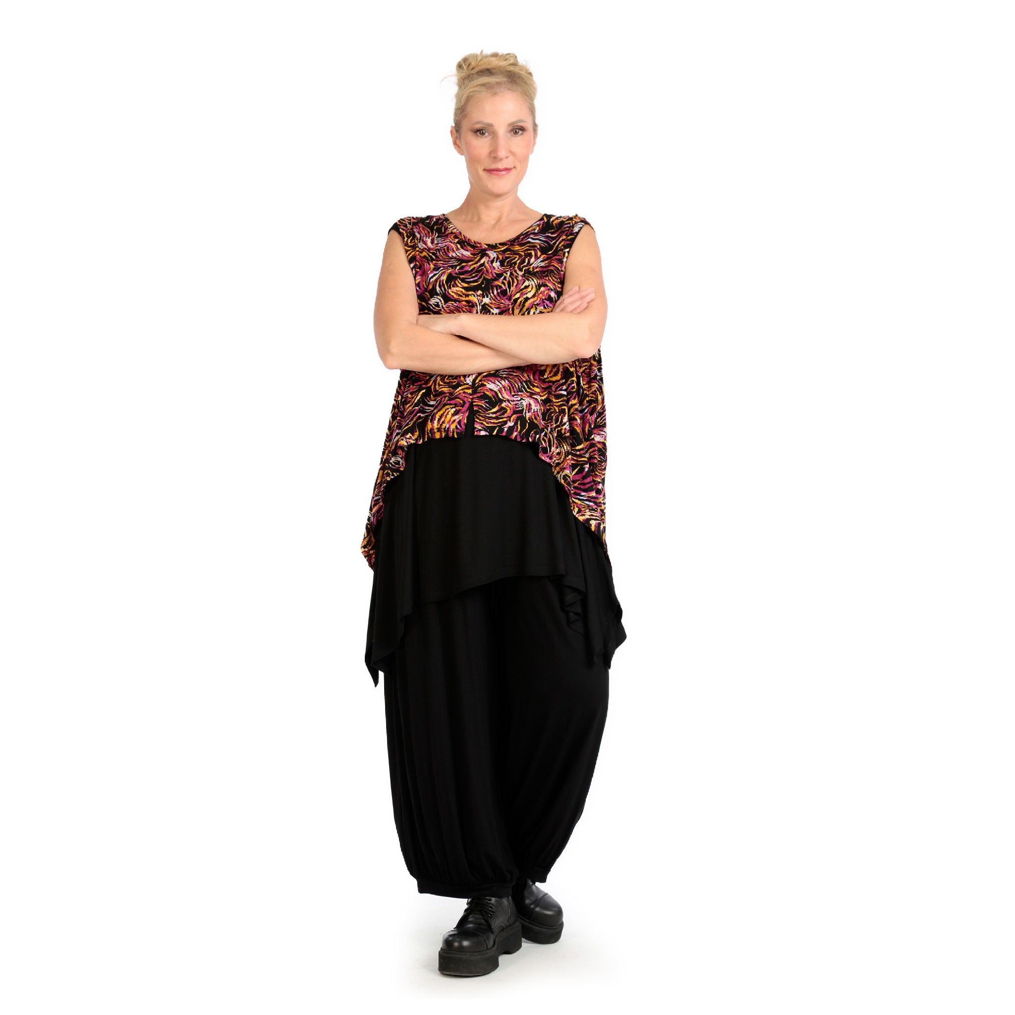  Zipfel Top von AKH Fashion aus Viskose, 1130.00428, Schwarz-Fuchsia-Gelb, Pinselstrich