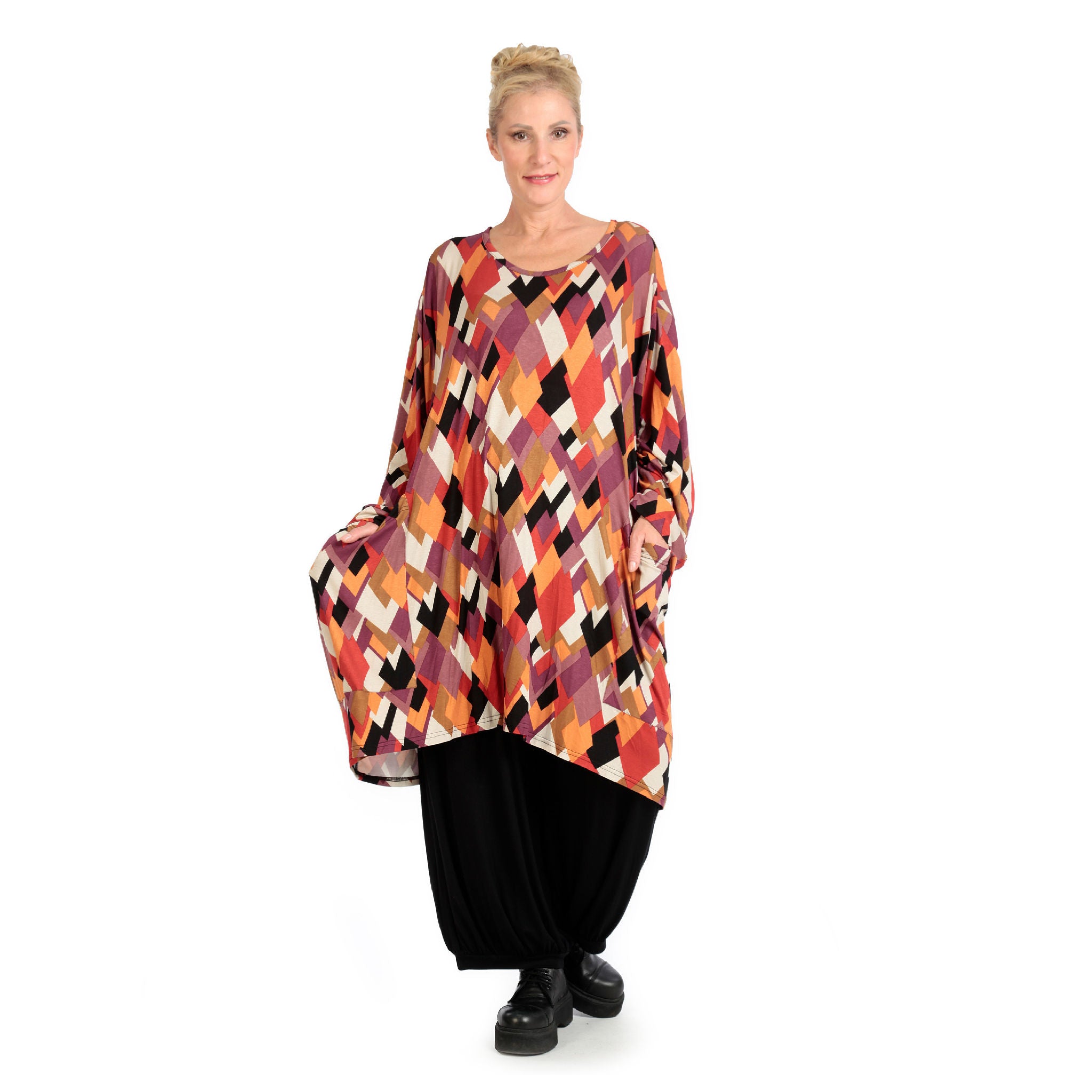  BallonBigshirt von AKH Fashion aus Viskose, 1131.06660, Schwarz-Flieder-Orange, Raute