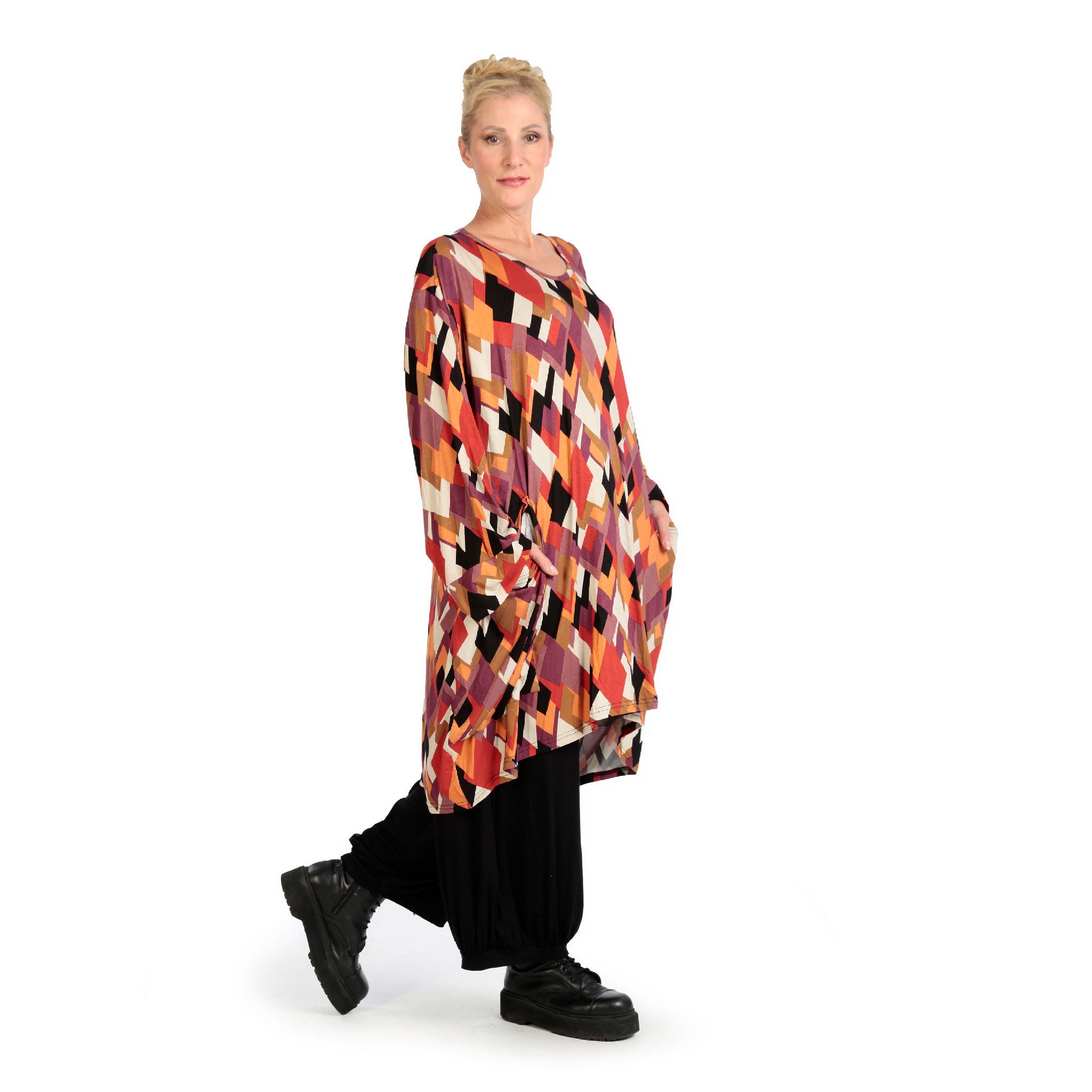  BallonBigshirt von AKH Fashion aus Viskose, 1131.06660, Schwarz-Flieder-Orange, Raute