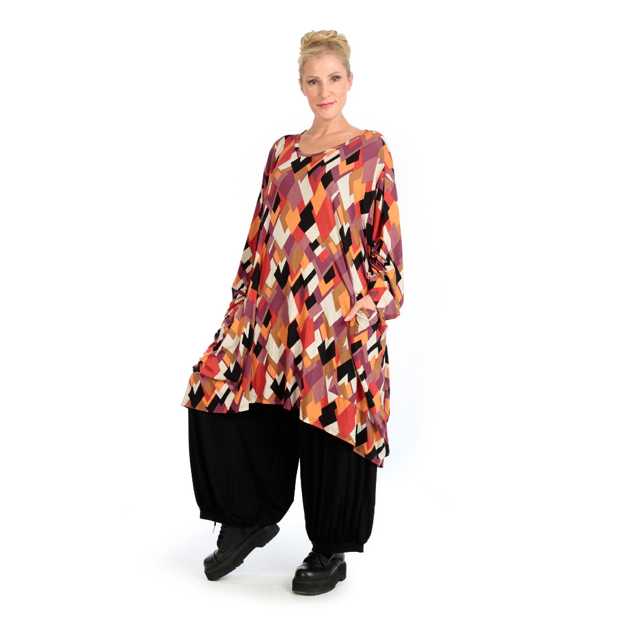  BallonBigshirt von AKH Fashion aus Viskose, 1131.06660, Schwarz-Flieder-Orange, Raute