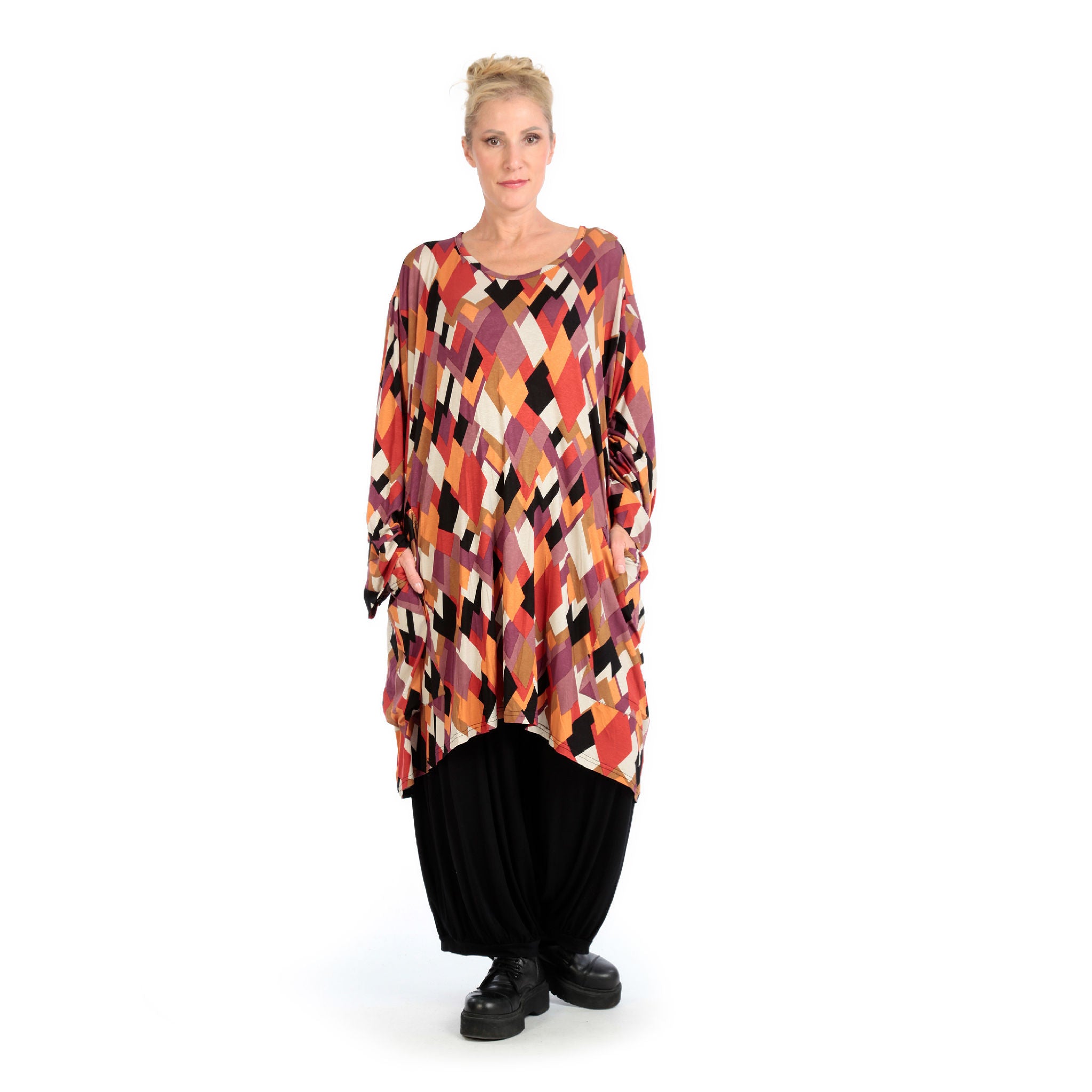  BallonBigshirt von AKH Fashion aus Viskose, 1131.06660, Schwarz-Flieder-Orange, Raute