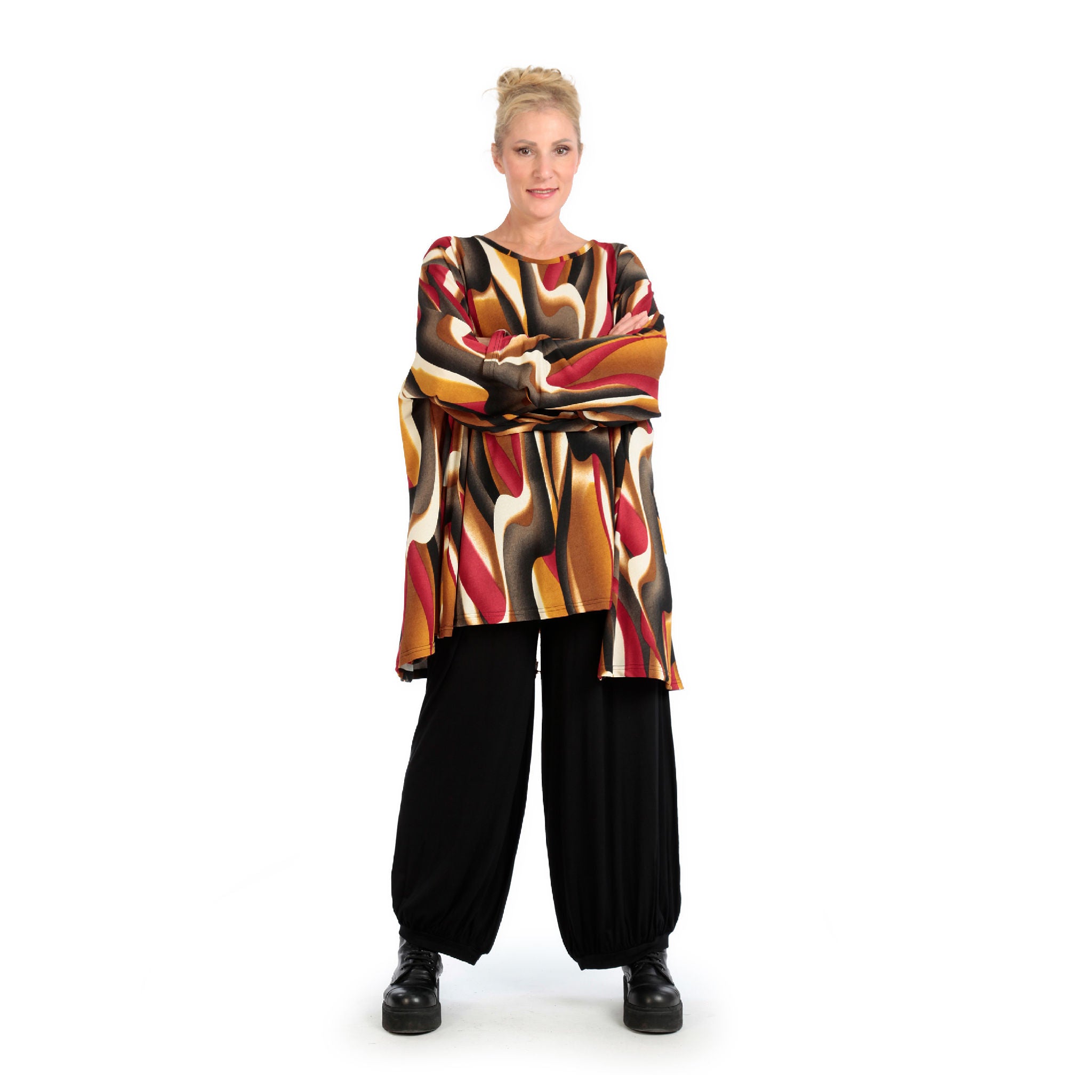  A-Form Bigshirt von AKH Fashion aus Viskose, 1144.00593, Cognac-Rot-Weiß, Wellen, Schick
