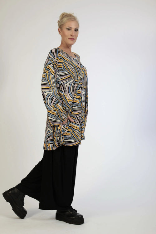 AKH Fashion Shirt in Glocken-Form, aus Viskose, 1169.01892, Blau-Gelb-Flieder, Grafik