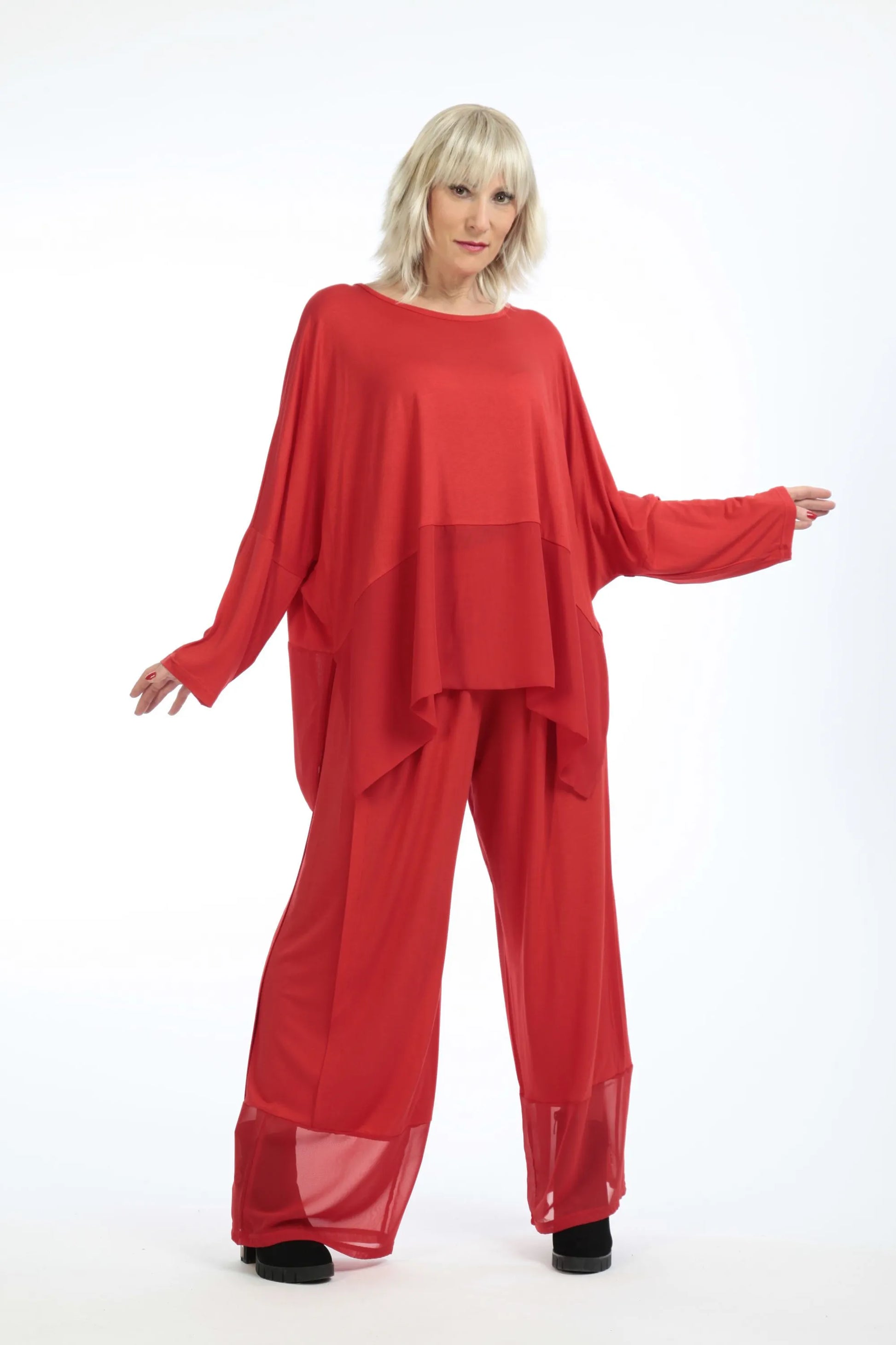  Lässige Plus Size Hose mit Chiffon-Besatz aus hochwertigem soften Viskose-Jersey in Rot