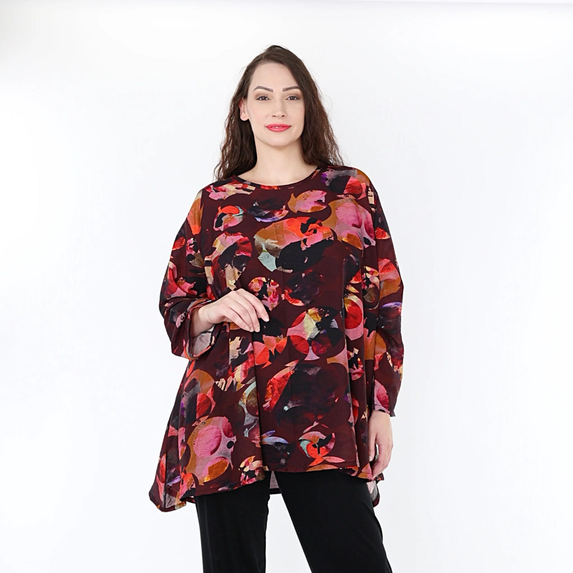  A-Form Bigshirt von AKH Fashion aus Viskose, 1335.00593, Weinrot-Mehrfarbig, Schick, Modern