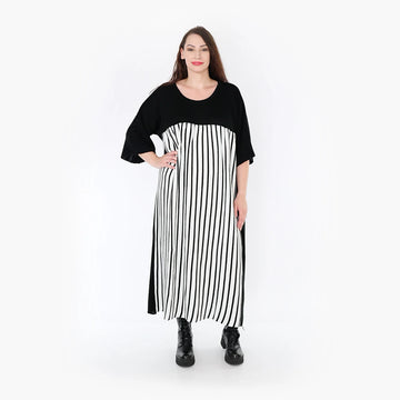  A-Form Kleid mit vertikalen Streifen in Schwarz-Weiß, 3/4-Ärmel für Plus Size Styles