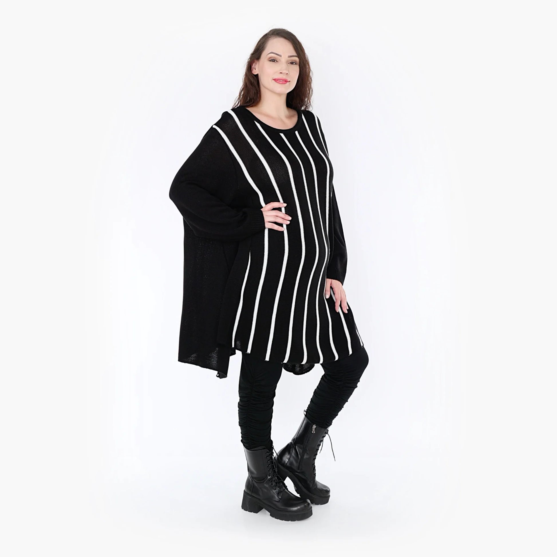  A-Form Bigshirt von AKH Fashion aus Baumwolle, 1343.0593D, Schwarz-Weiß, Streifen, Schick