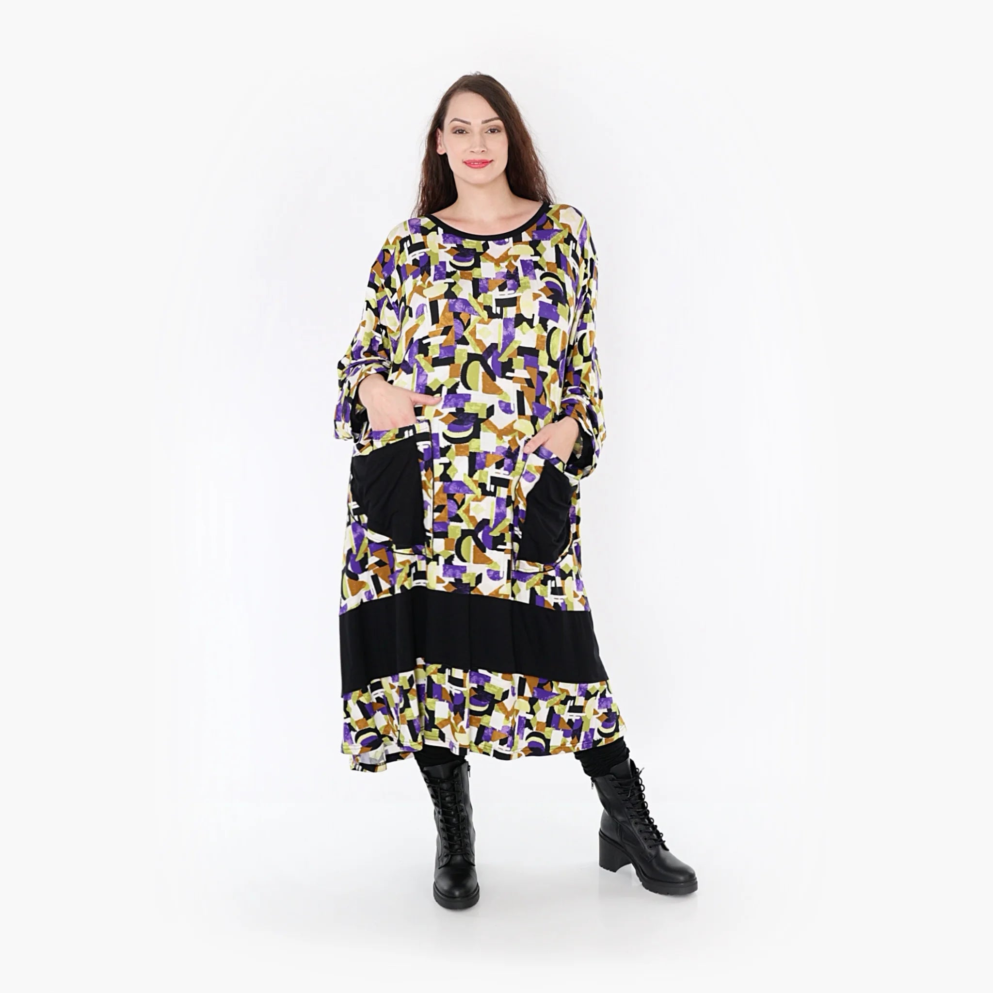  Ballonkleid von AKH Fashion aus Viskose, 1345.06981, Violett-Lime-Schwarz, Grafik, Schick
