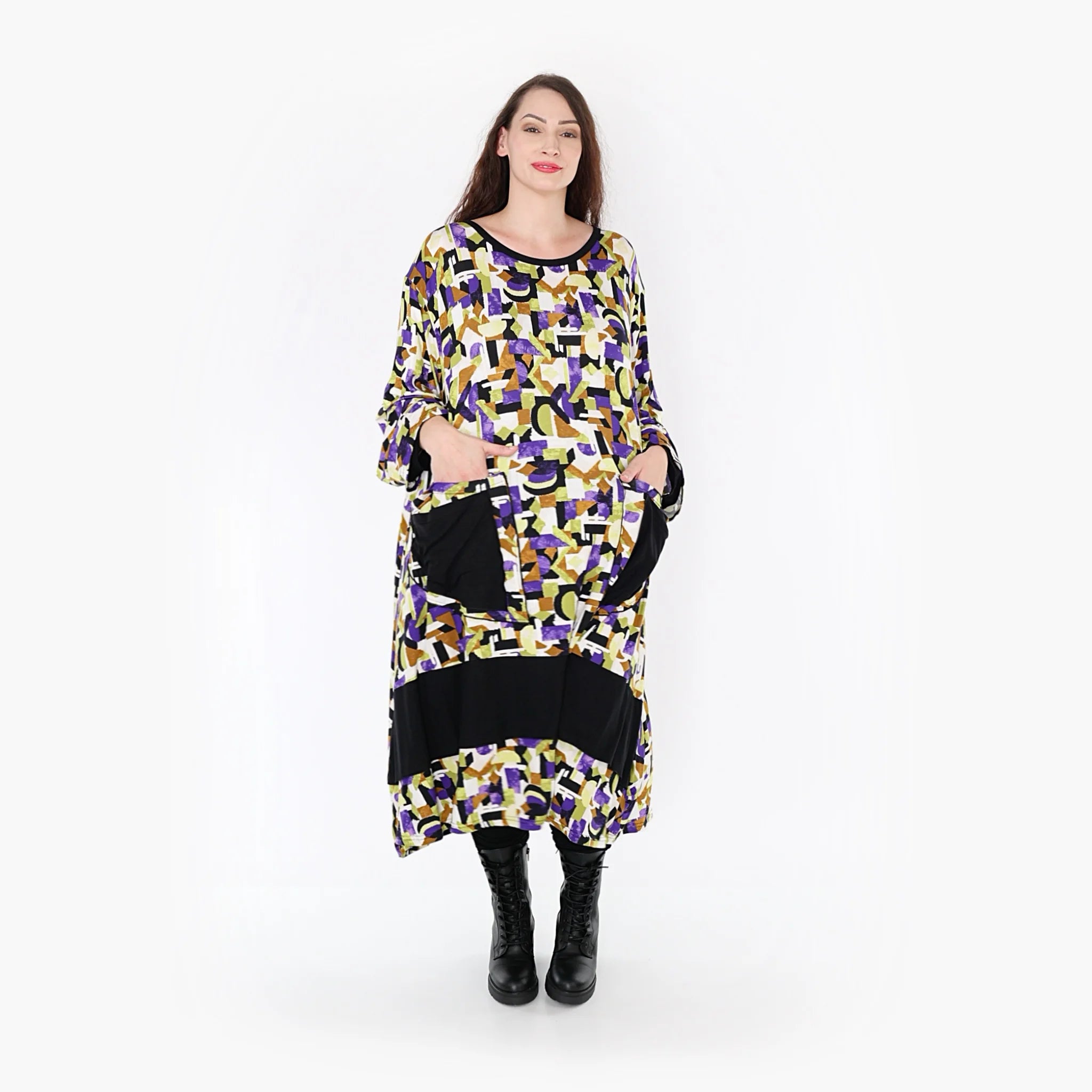 Ballonkleid von AKH Fashion aus Viskose, 1345.06981, Violett-Lime-Schwarz, Grafik, Schick