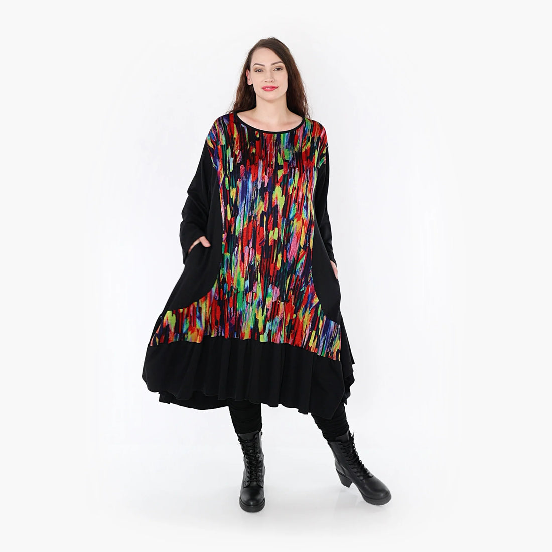  A-Form Kleid von AKH Fashion aus Viskose, 1350.06733, Schwarz-Multi, Pinselstrich, Schick