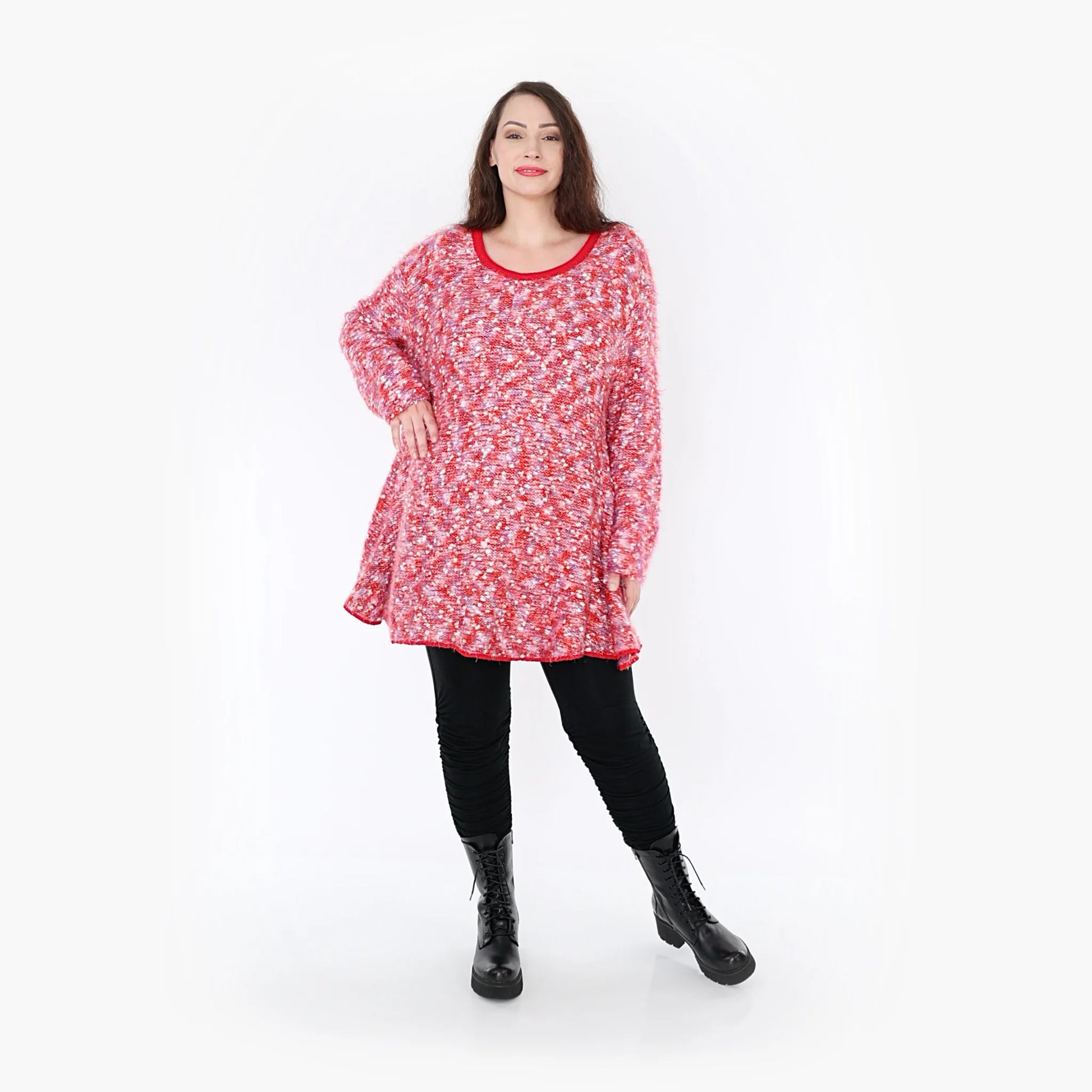  Kuscheliges Strickshirt mit Glockenschnitt in meliertem Rot-Pink-Weiß für Plus-Size-Fashionistas