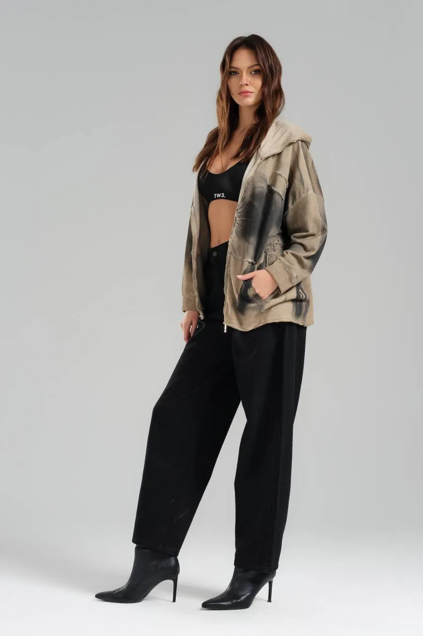  TW3 Pullover in kastiger Form, aus Baumwolle, 1047, Beige, Ausgefallen, mit Kapuze