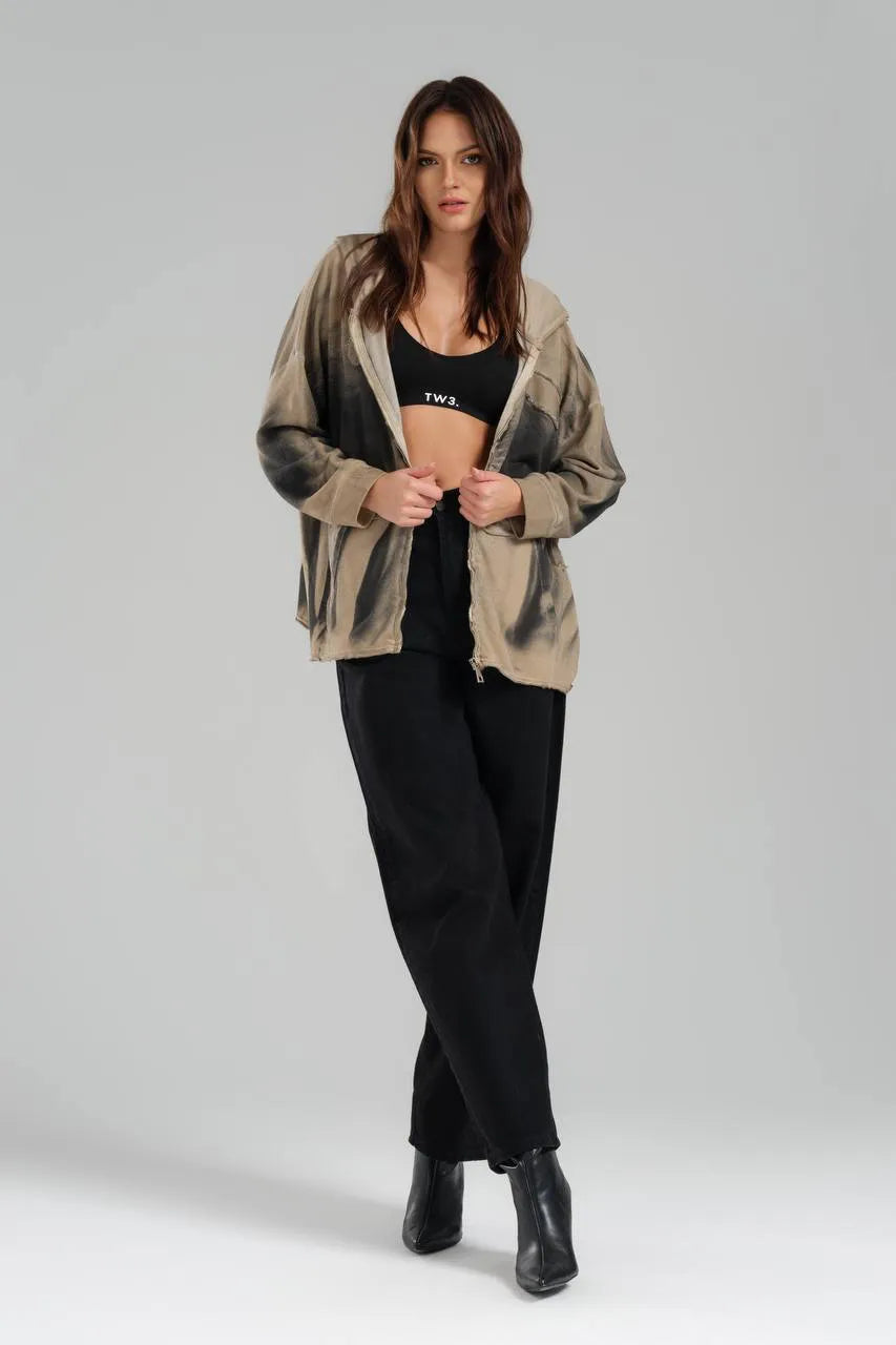  TW3 Pullover in kastiger Form, aus Baumwolle, 1047, Beige, Ausgefallen, mit Kapuze