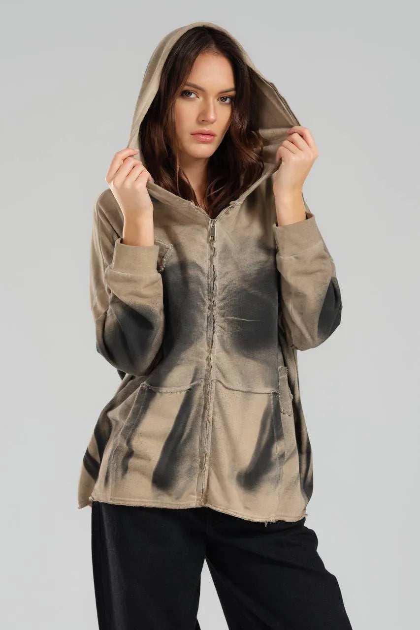  TW3 Pullover in kastiger Form, aus Baumwolle, 1047, Beige, Ausgefallen, mit Kapuze