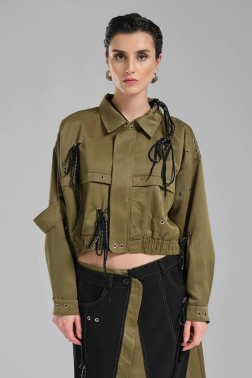  TW3 Jacke in kastiger Form, aus Polyamid, 1134, Khaki, Ausgefallen, aufwendig verarbeitet