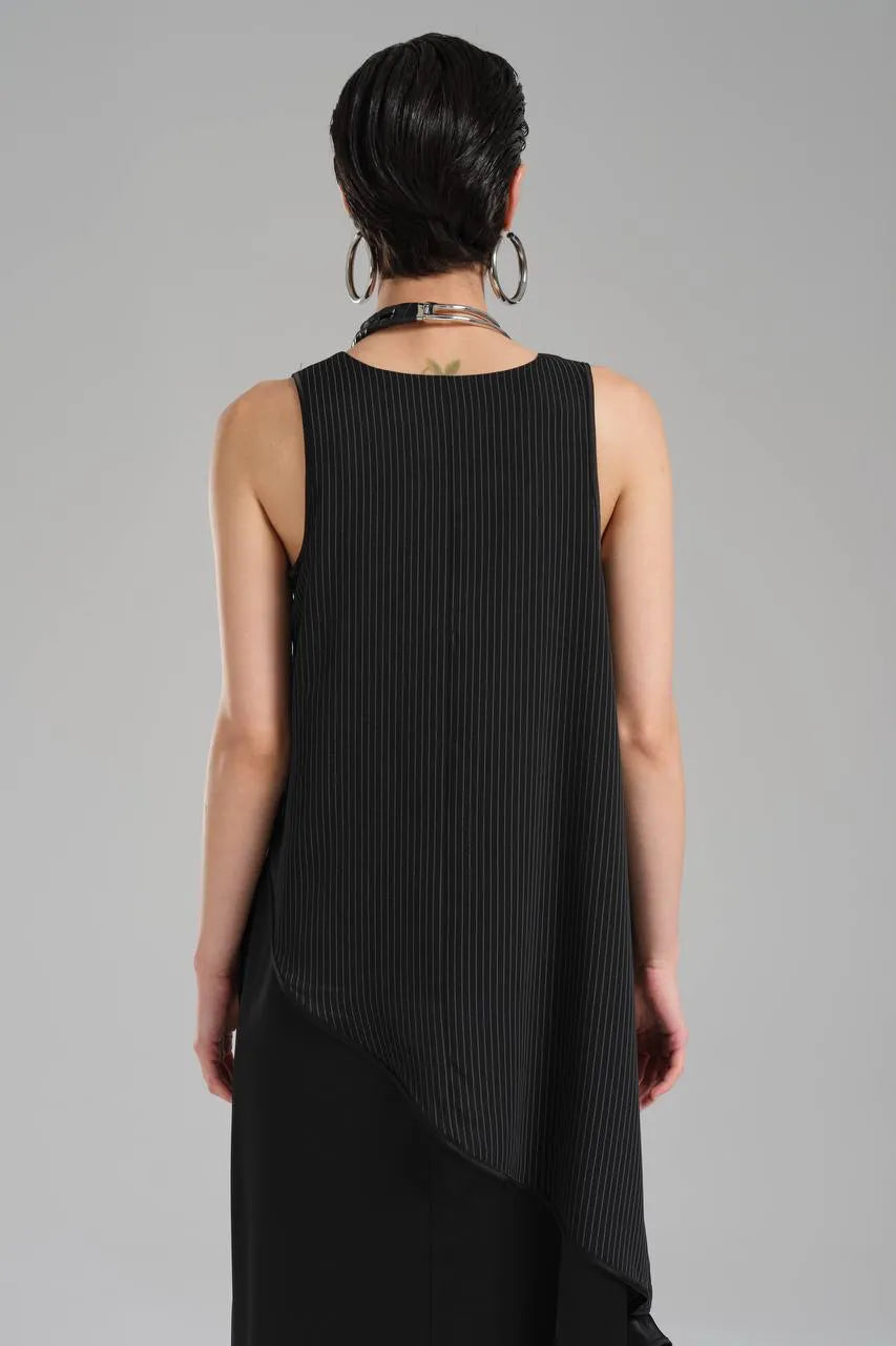  TW3 Kleid in asymmetrischer Form, aus Polyamid, 1202, Schwarz, Streifen, Ausgefallen
