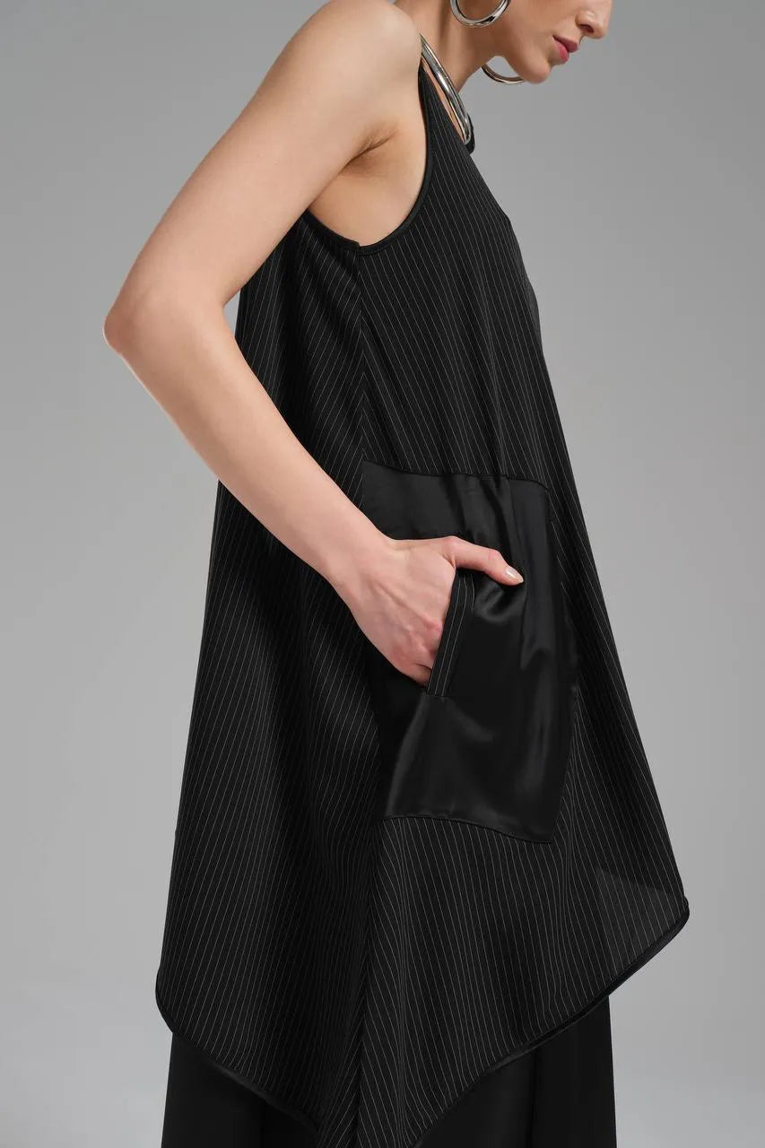  TW3 Kleid in asymmetrischer Form, aus Polyamid, 1202, Schwarz, Streifen, Ausgefallen