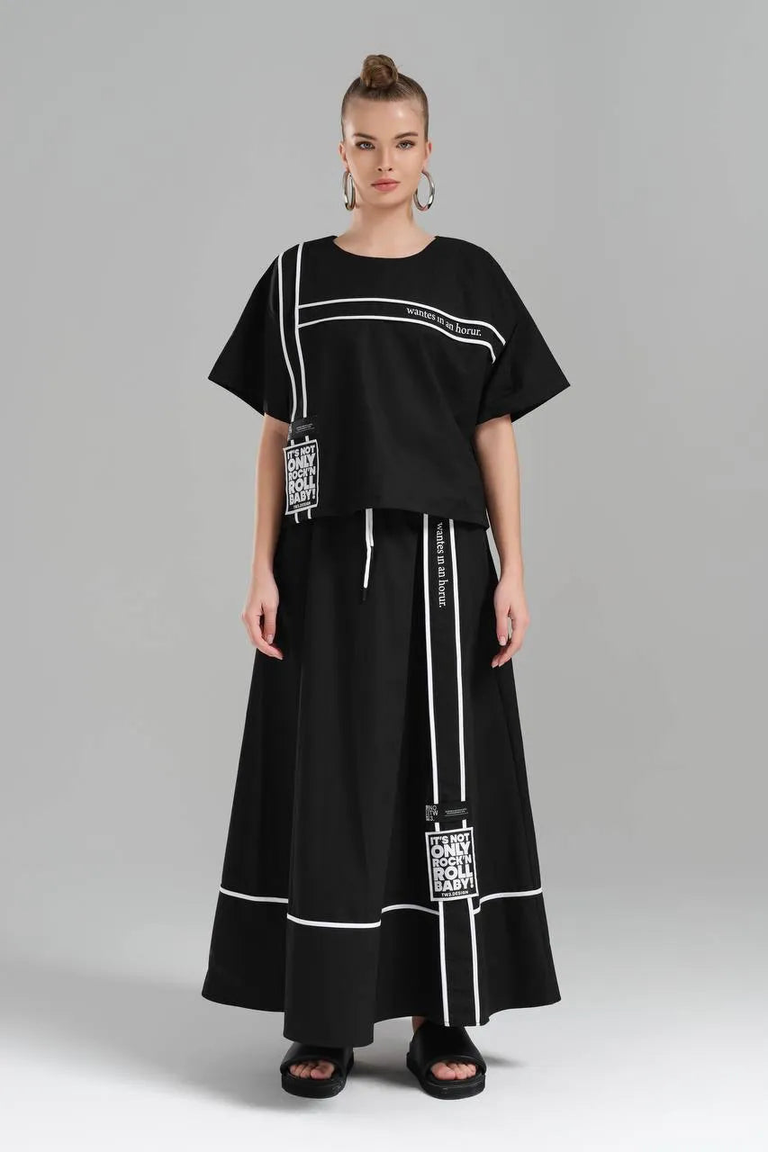  TW3 Bluse in kastiger Form, aus Baumwolle, 1226, Schwarz, Streifen, Schick, Ausgefallen