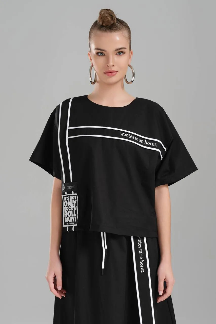  TW3 Bluse in kastiger Form, aus Baumwolle, 1226, Schwarz, Streifen, Schick, Ausgefallen