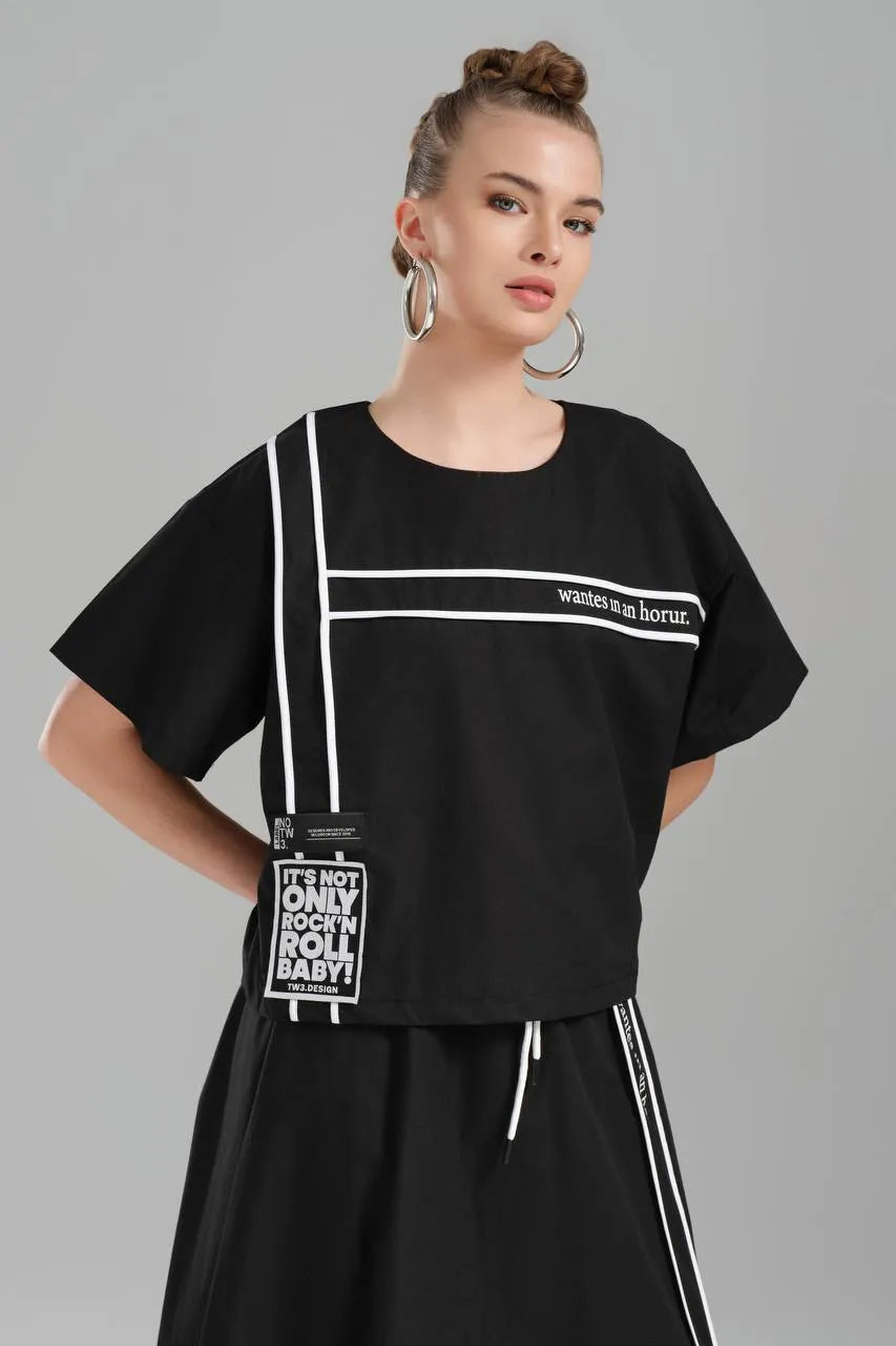  TW3 Bluse in kastiger Form, aus Baumwolle, 1226, Schwarz, Streifen, Schick, Ausgefallen